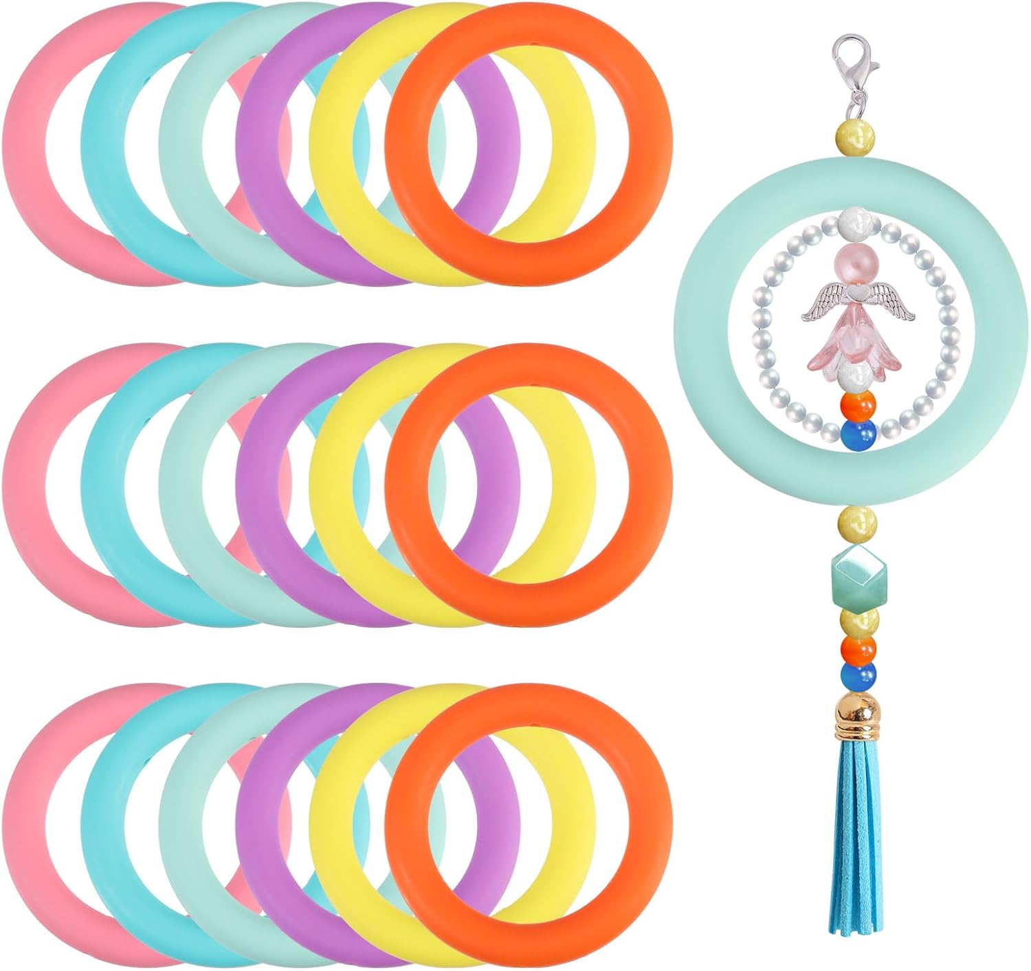 18Pcs Easter Silicone Beadable O Rings 65mm Round Loop with 2 Hole Candy Color Silicone Focal Beads Rings for DIY Keychain Bracelet Necklace Hanging Jewelry Making