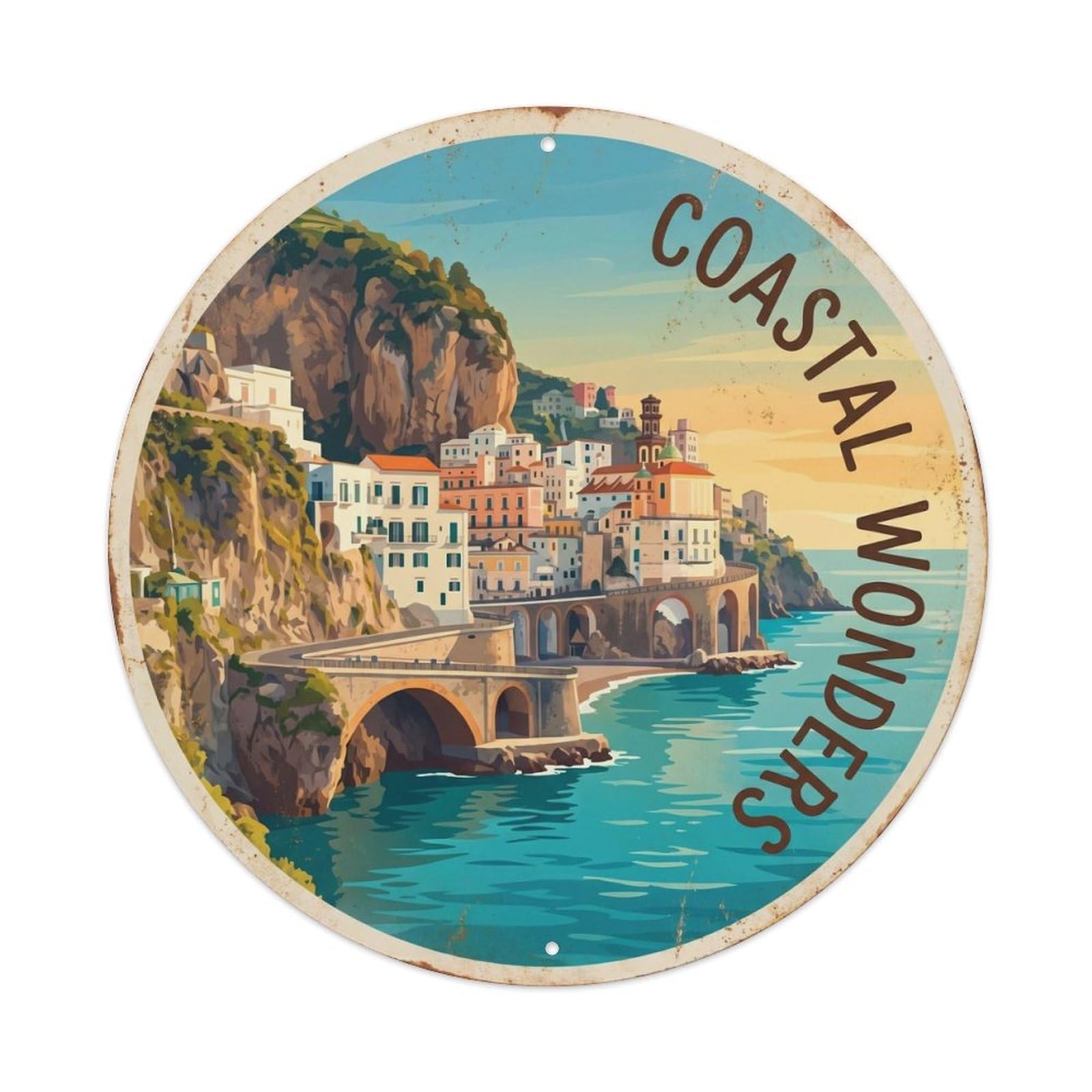 Mediterranean Amalfi Rocks Seaside Vintage Landscape Metal Tin Sign Plaque Wall Decor for Cafe, Man Cave, Club Bar, Office, Home Garden Round Metal Poster 8x8Inch