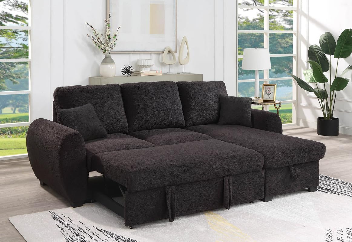 Lilola Home Veronica 95" Black Teddy Fleece Reversible Sleeper Sectional Sofa with Storage Chaise
