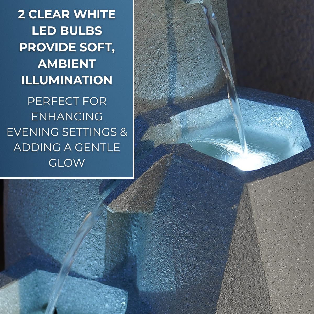 Festive Lights - Fontana bianca da giardino Serenity a cascata con illuminazione a LED ad energia solare, effetto pietra, per esterni, in poliresina, funzione timer, design contemporaneo, IP44, cavo