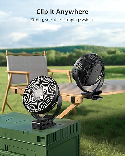 Miniatura 6 de Koonie-Ventilador de clip, 10,000 mAh, recargable, 8 pulg, USB, 4 velocidades, fuerte flujo de aire, abrazadera, p/carrito de Negro,Azul,Negro