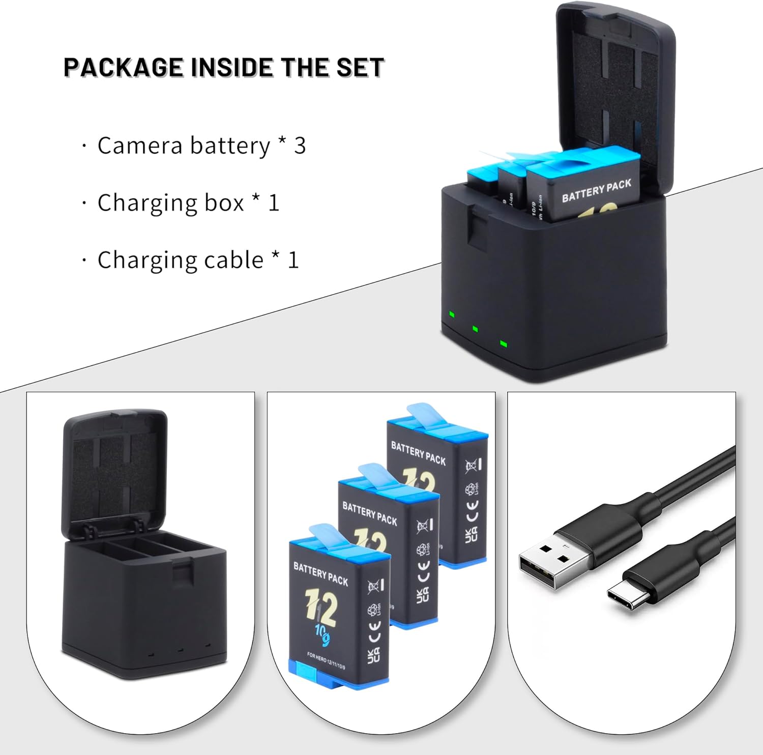 3-Pack Hero 12/11/10/9 Batteries with Quick Triple Slot Compatible with Hero 12, Hero 11, Hero 10, Hero 9 Black Sport Action Camera 2000mAh