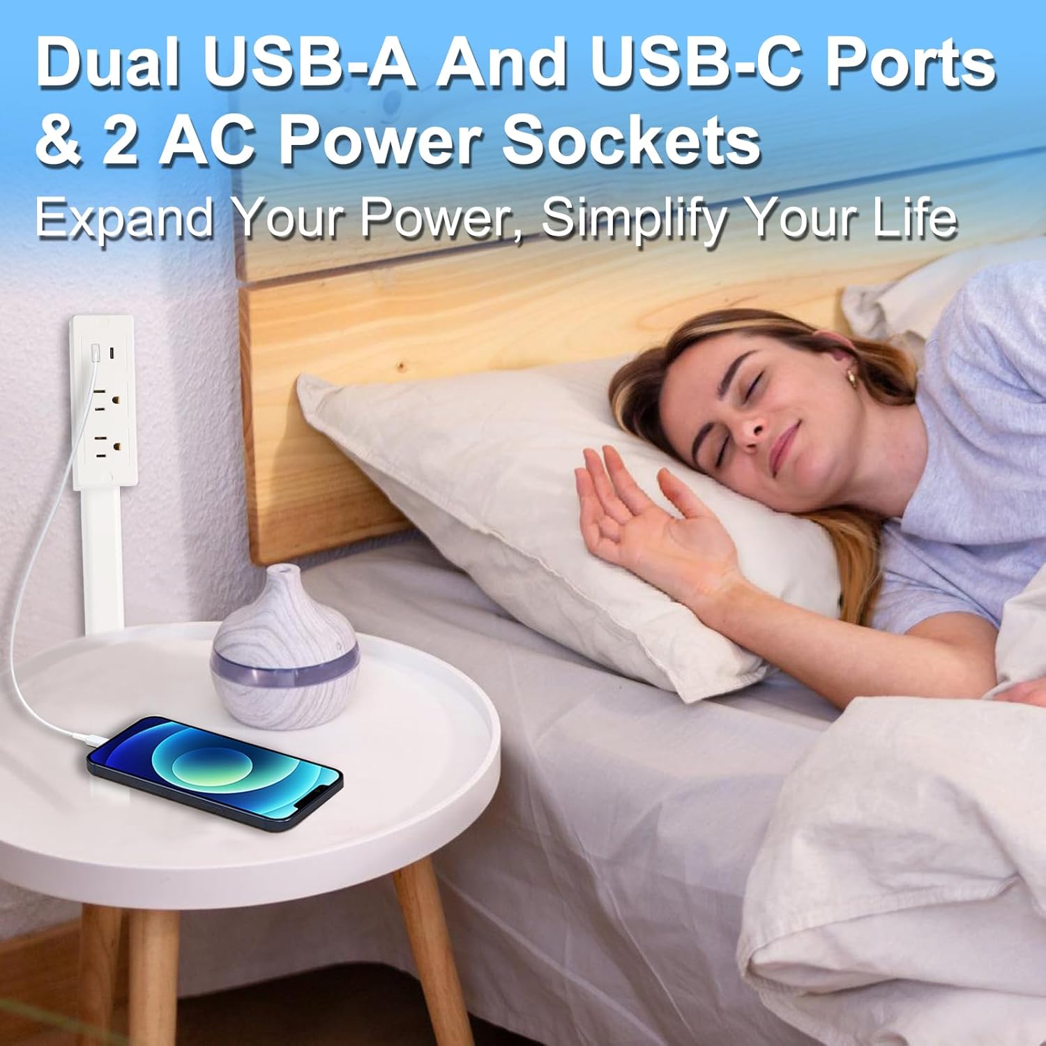 Electrical Outlet Extender Sticker, 180°Rotating Outlet Extender with USB-A, USB-C & 2 AC Outlets, Telescopic Plug Extends 17"-34" for Hard-to-Reach Outlets Behind Couches, Beds, Nightstands, Desks