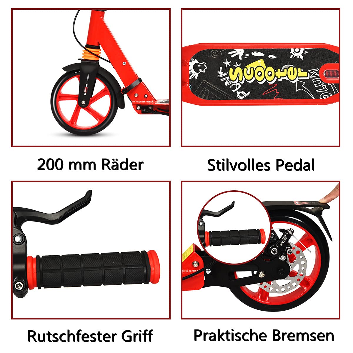GYMAX Patinete de Acrobacias Regulable en Altura, Plegable, Ruedas de 200 mm, Patinete Deportivo con Doble Suspensión, Incluye Timbre y Correa, Soporta hasta 100 kg, para Niños y Adultos