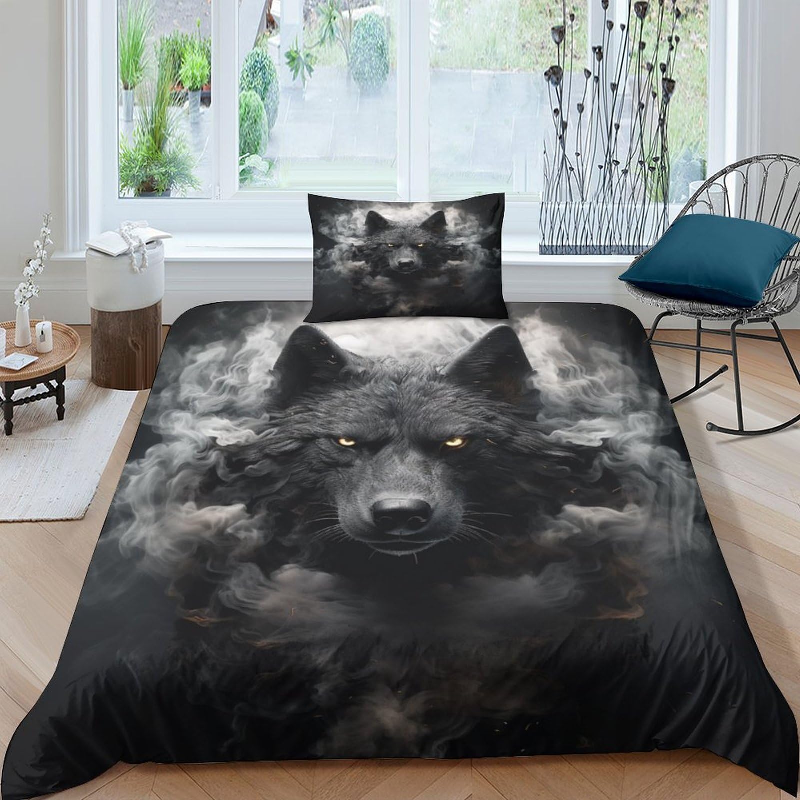 BARDYS Black Wolf Comforter Covers 3D Print Darkness for Teens And Adults Quilt Cover Duvet Cover Soft Microfiber Bedding Set with Pillow Cases with Zipper Closure 3 Pieces Single（135x200cm）
