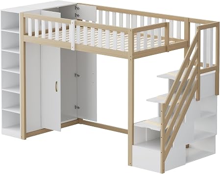 ZYLOYAL10 Multifunctional Bunk Bed 90 x 200 cm with Shelves Storage Cabinet and Large Wardrobe Safety Ladder with Storage Compartments (White + Raw Wood Colours)