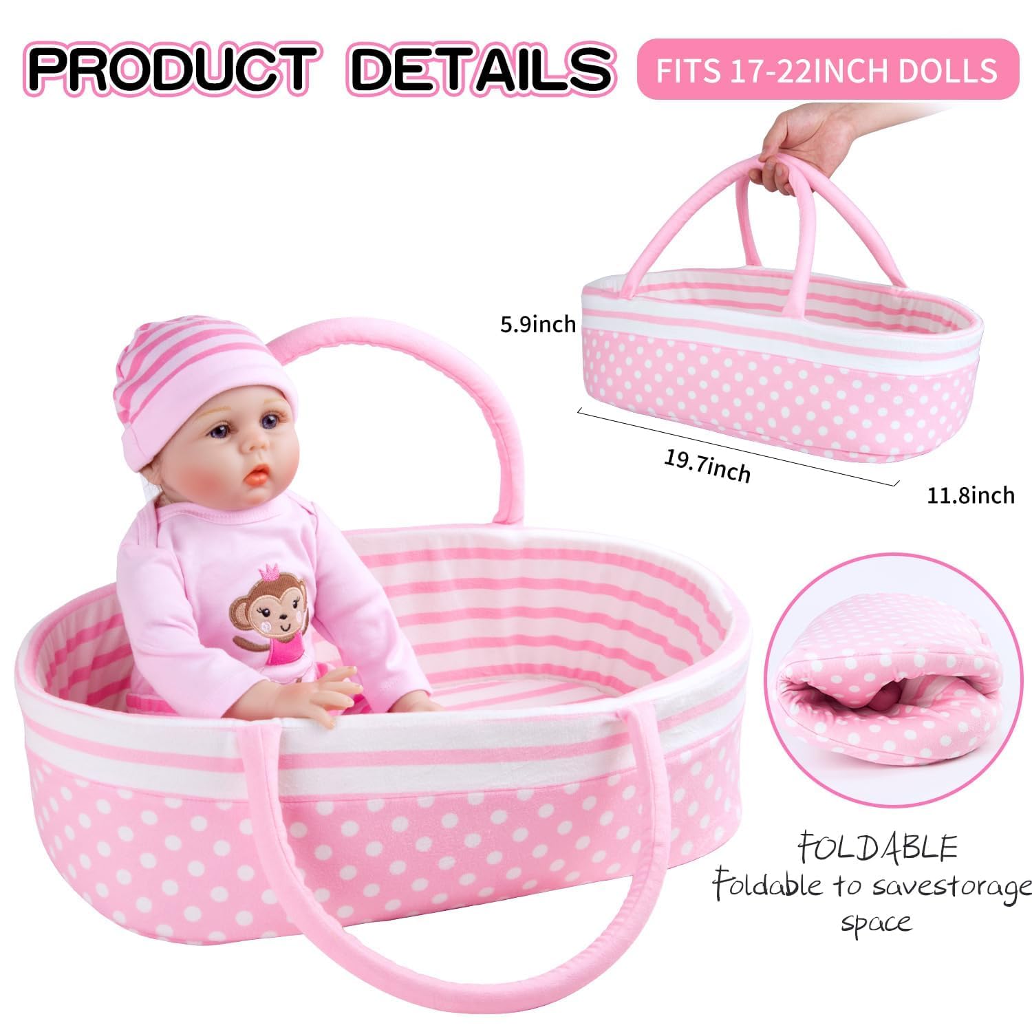 Bambole Reborn culla rosa culla letto morbido bambino bambola Carrier per 45-61 pollici Baby Doll accessori cestini con maniglia