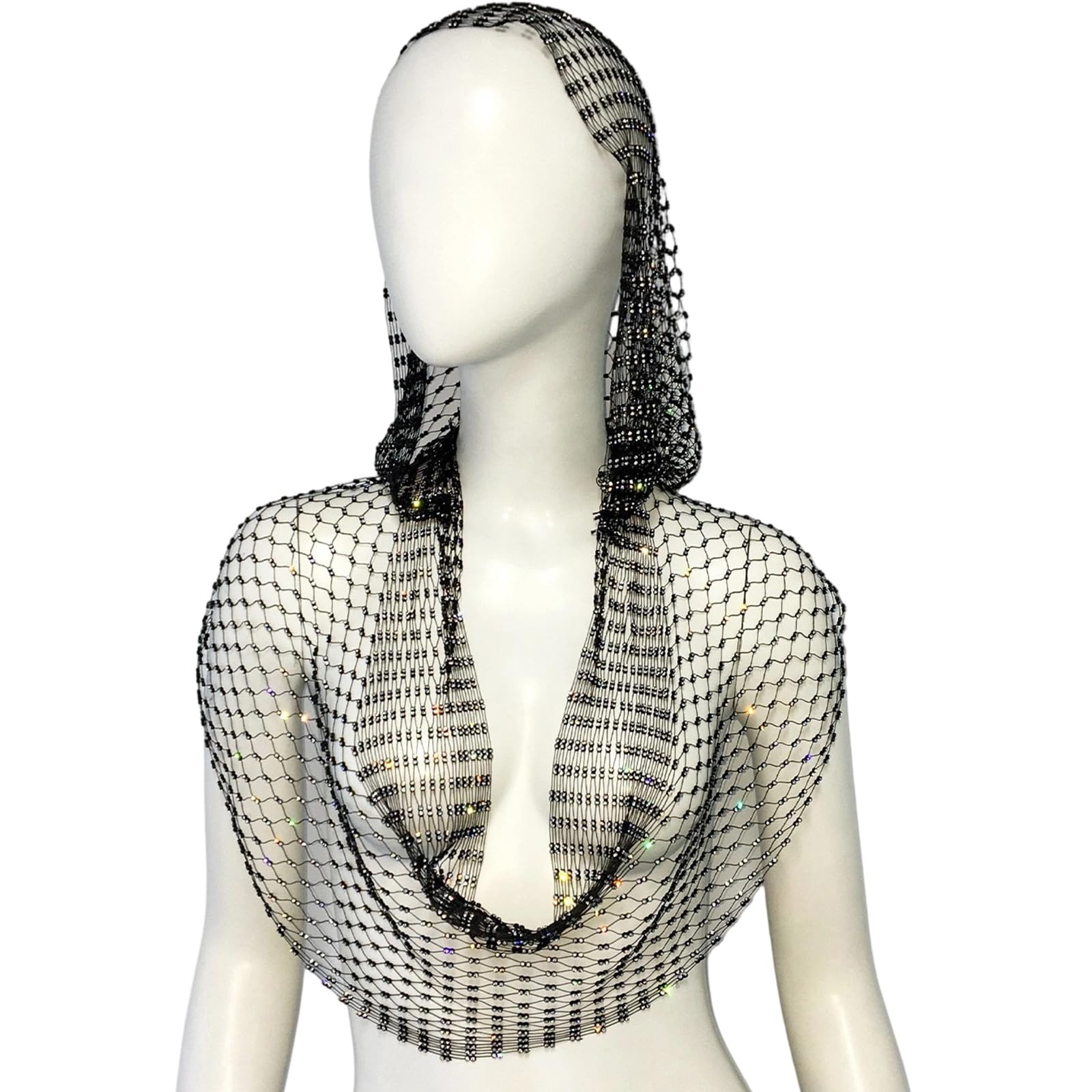 MICFENY Shimmering Hoodie with Rhinestones Decors Fishnets Hooded Cap Hollowed Tanks For Concerts And Daily Night Club Wear