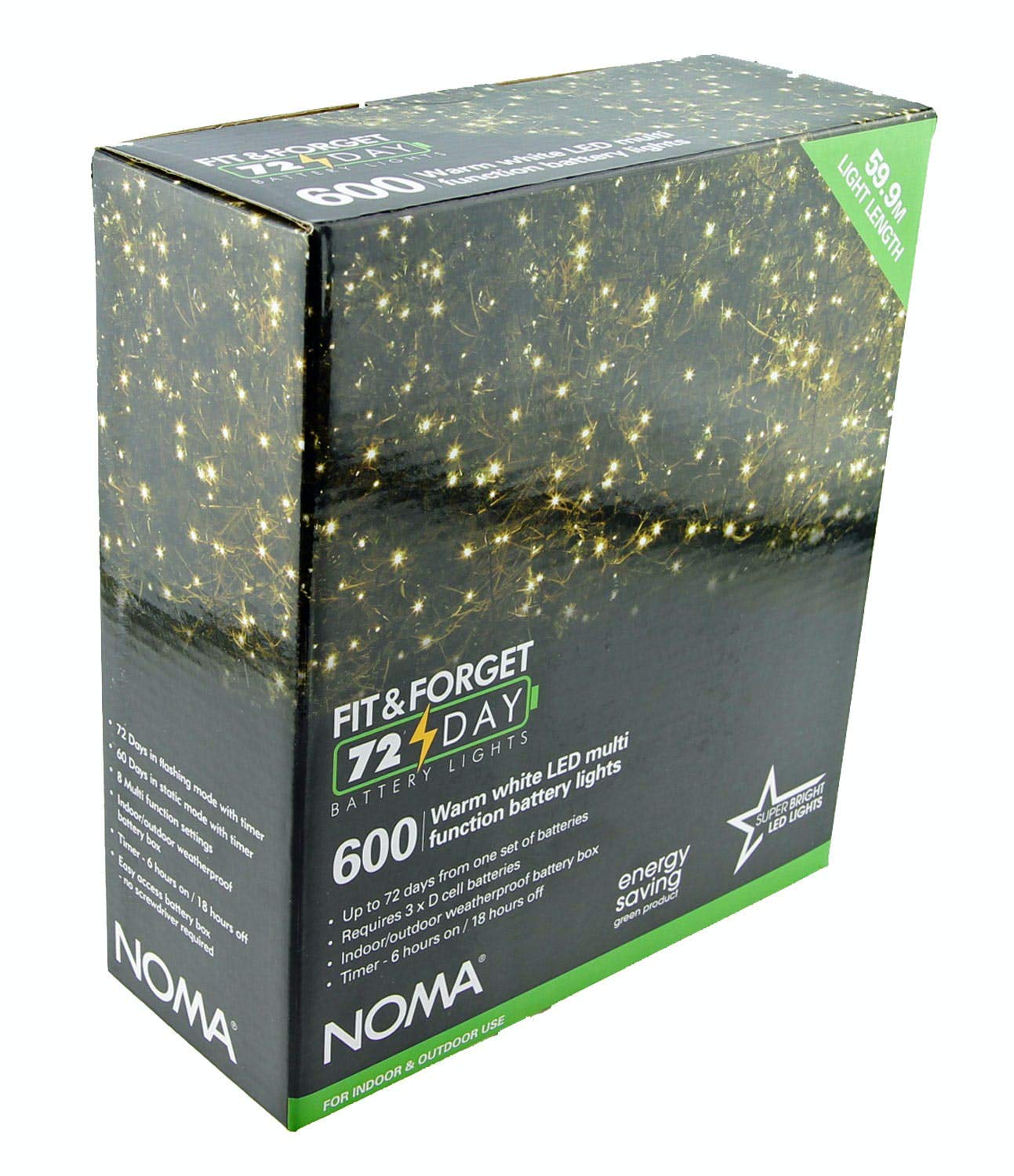 Noma @ Wowooo Warm White, Green Wire Fit & Forget Battery 600 Led String : Timer : Multifunction : Indoor/Outdoor : Warm White 6816008Gww