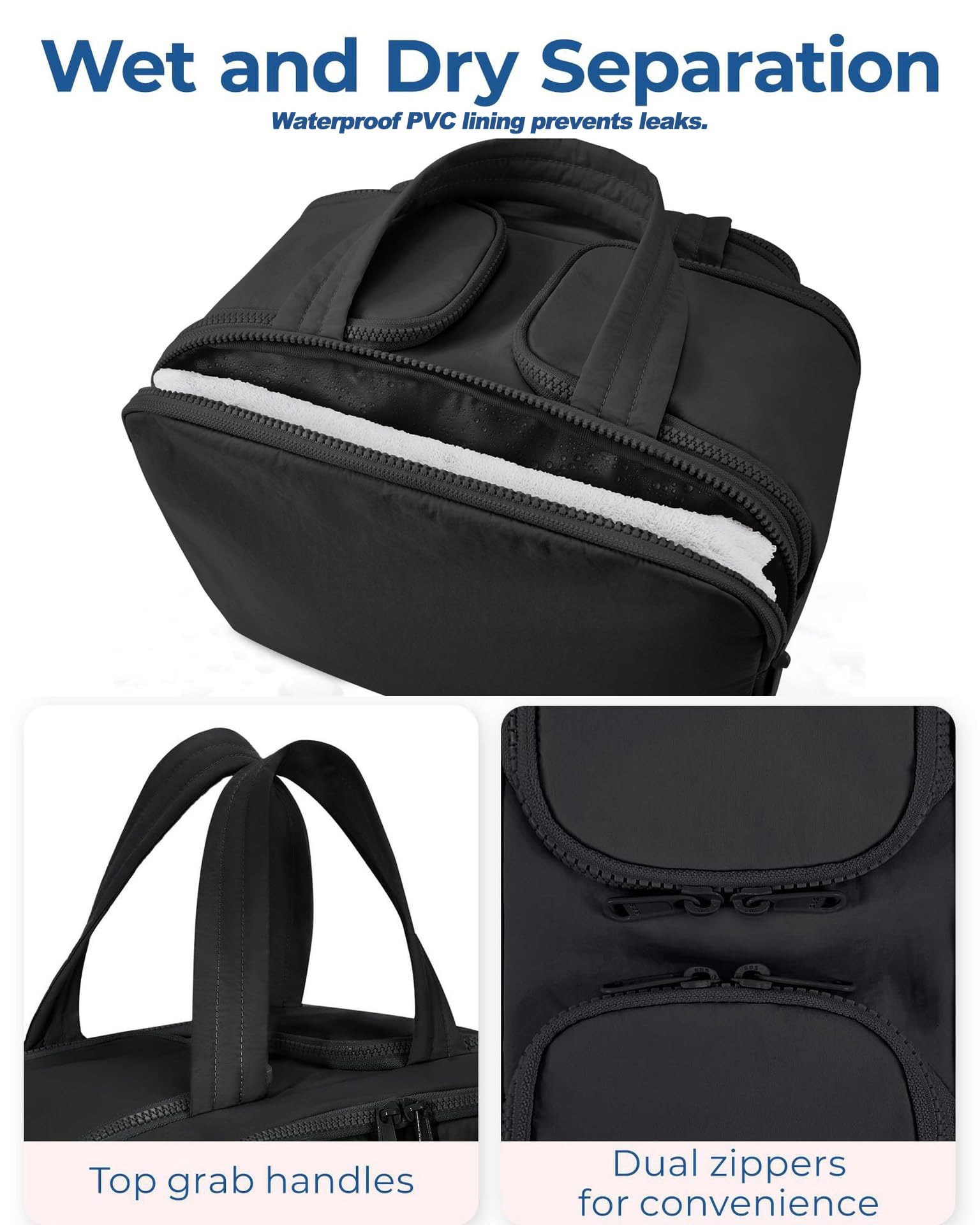 Fullishment Puffy Travel Toiletry Bag for Women,Lightweight Cosmetic Organizer with Wet-Dry Compartments & Handle,Large Makeup Bag for Essentials (Black)