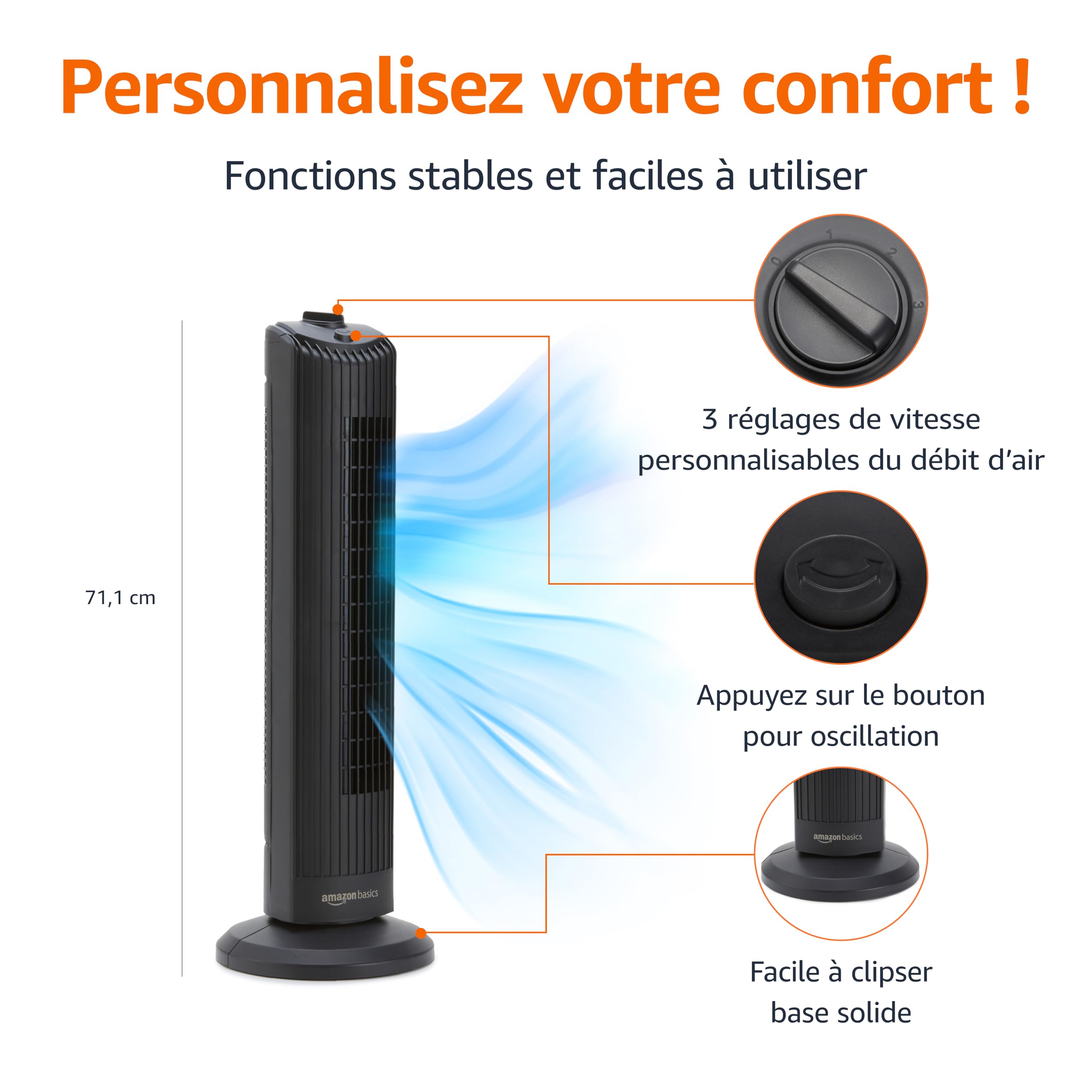 Amazon Basics Ventilateur Tour Oscillant 71 cm avec Angle de 60 Degrés pour Chambre, Salon, Bureau, 3 Vitesses, Contrôle Mécanique Intuitif, Noir Mat, 35W, 71 cm x 24 cm x 24 cm