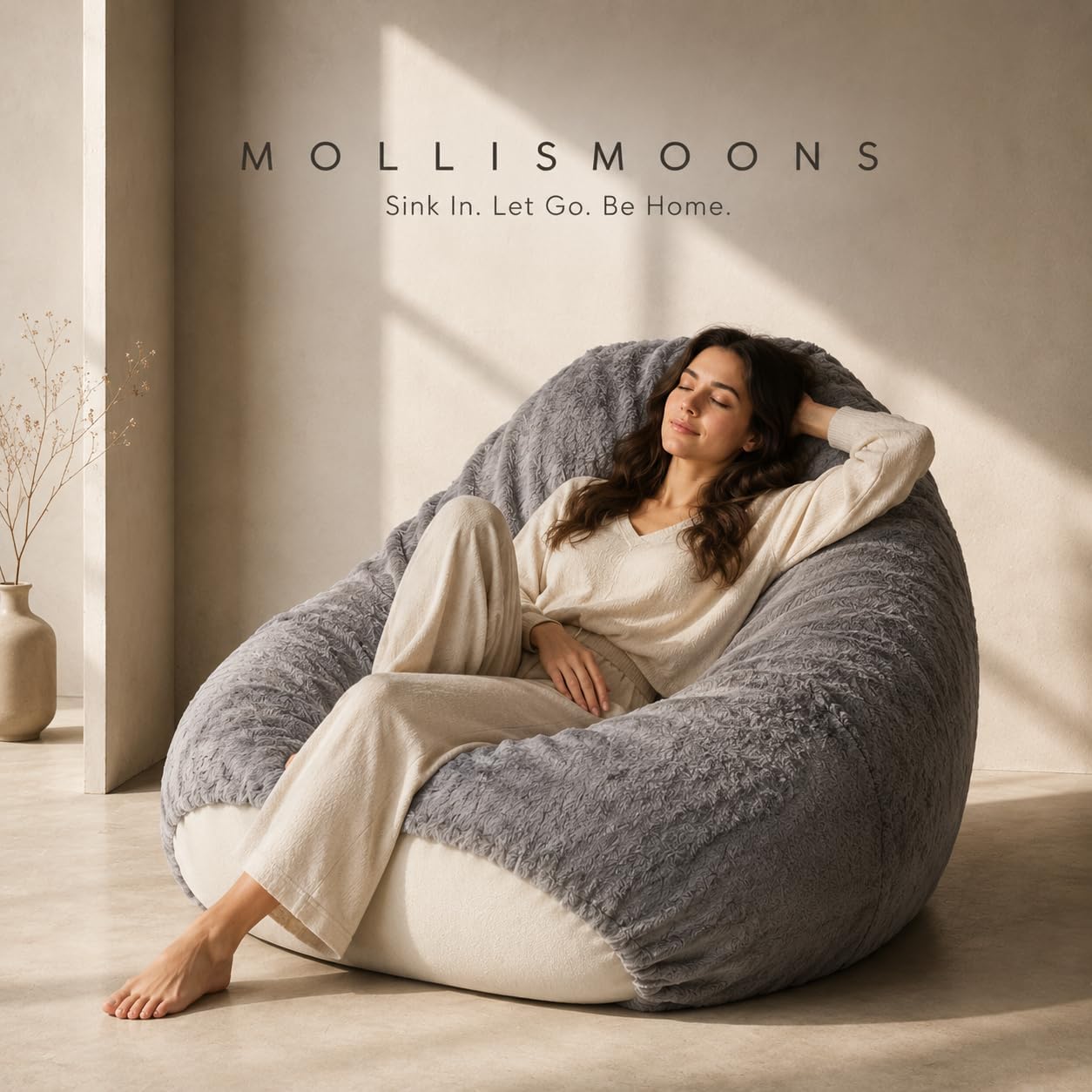 Mollismoons Luxury Faux Fur Bean Bag Chair Ultra Soft Cozy Seating for Study, Gaming & Work from Home, Ergonomic Back Support, Round & Teardrop, 55x33 Inch Grey (XXXL Bean Bag Cover Without Beans)