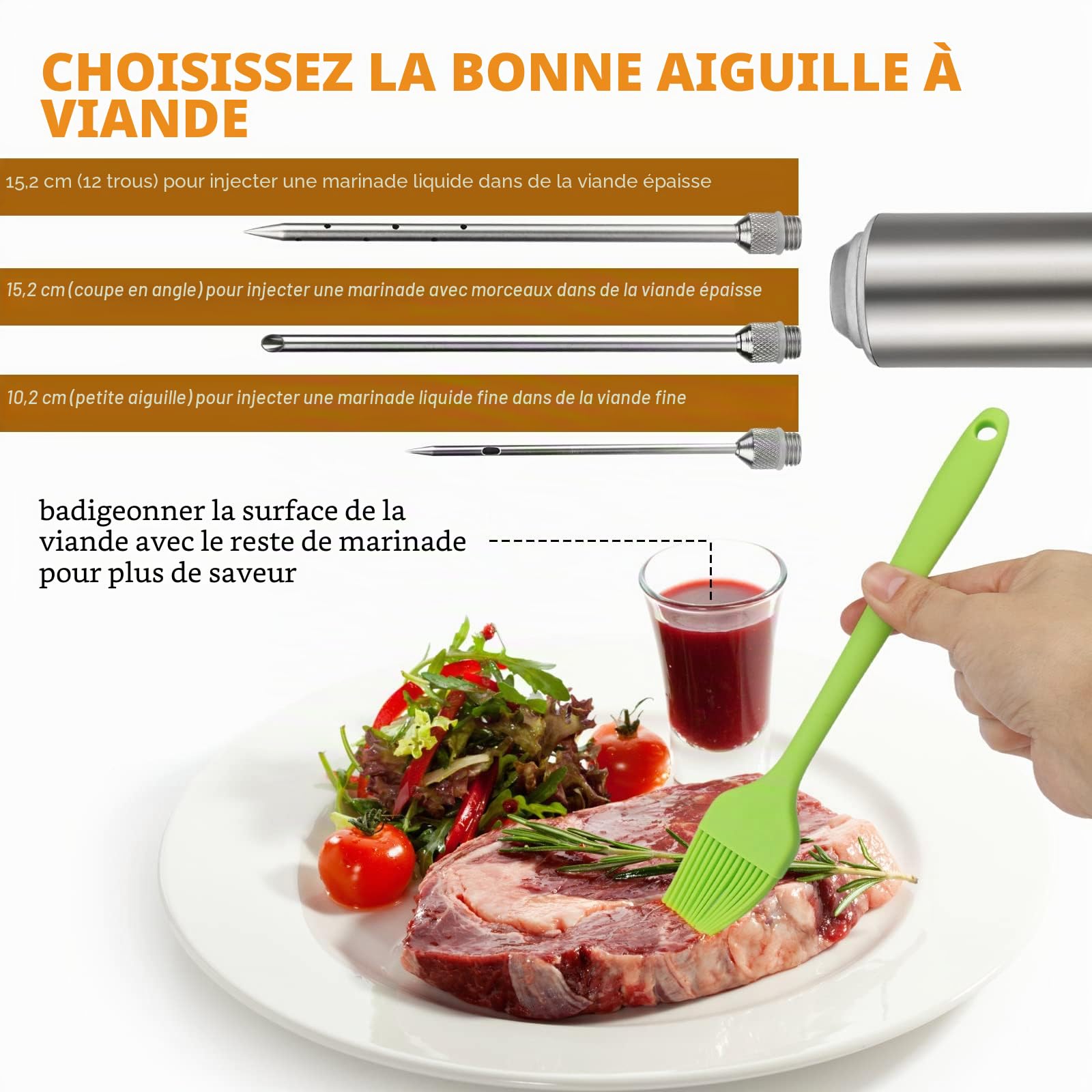 Seringue Alimentaire de Cuisine 60ml en Acier Inoxydable avec 3 Aiguilles de Marinade et 2 Nettoyeurs d'aiguilles, 6 Anneaux de Rechange en O, 1 Pinceau en Silicone
