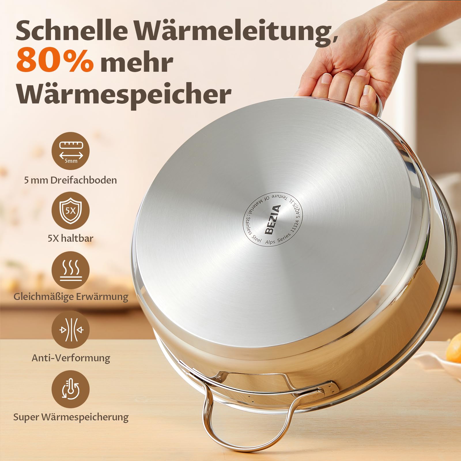 BEZIA Sartén honda de 28 cm de alto, 5,2 L, olla con tapa, acero inoxidable 18/10, revestimiento antiadherente, sin remaches, lavable, sartén para todo tipo de fuegos, para conservar el sabor, apta