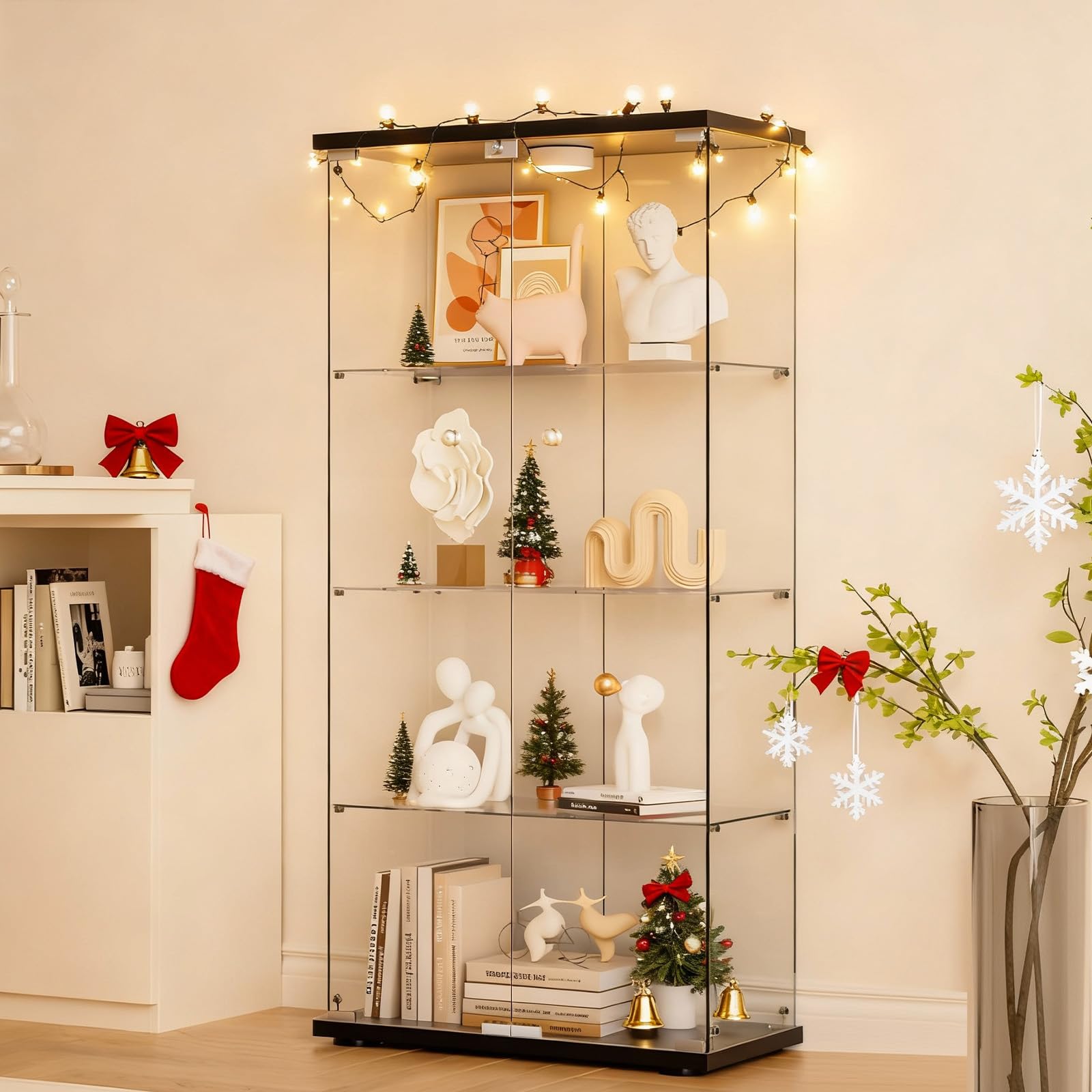 Glass Display Cabinet 4-Shelf 2 Doors with LED Push Light Lockable Glass Display Case with 4mm Tempered Glass Floor-Standing Bookshelf for Bedroom, Living Room, Black