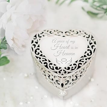 Cherished Moments Bereavement Memorial Gift Jewelry Keepsake Box with Heart-Shaped Filigree Design for Sympathy Gift Loss of Loved One, Loss of Dad, Mom, Wife, Husband, Silver Toned