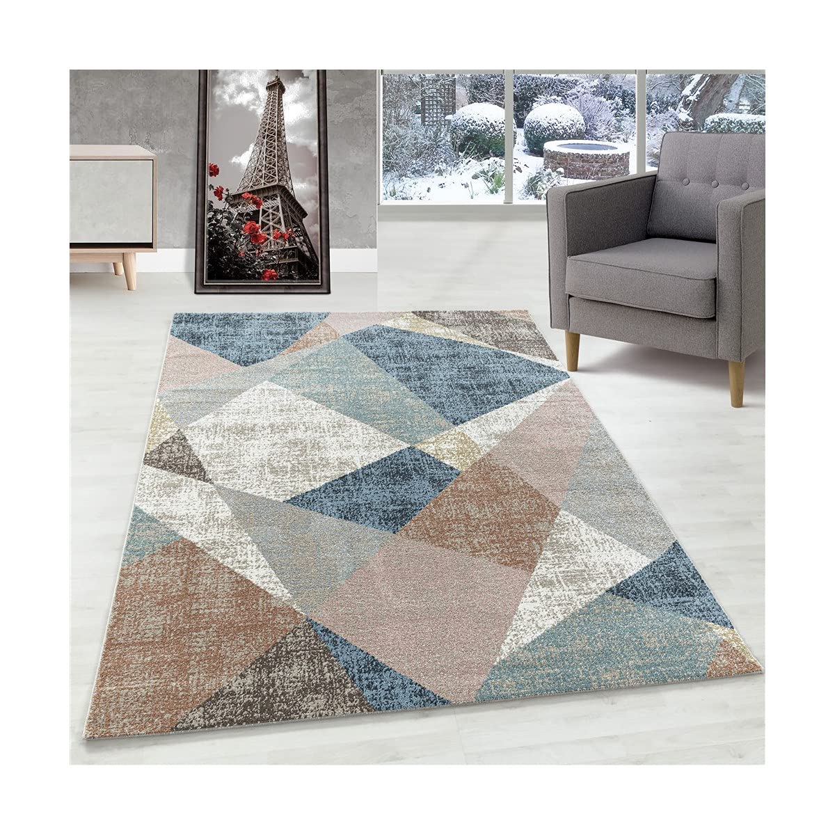 Tapis poils courts design géométrique triangle 80 x 250 cm multicolore salon entrée