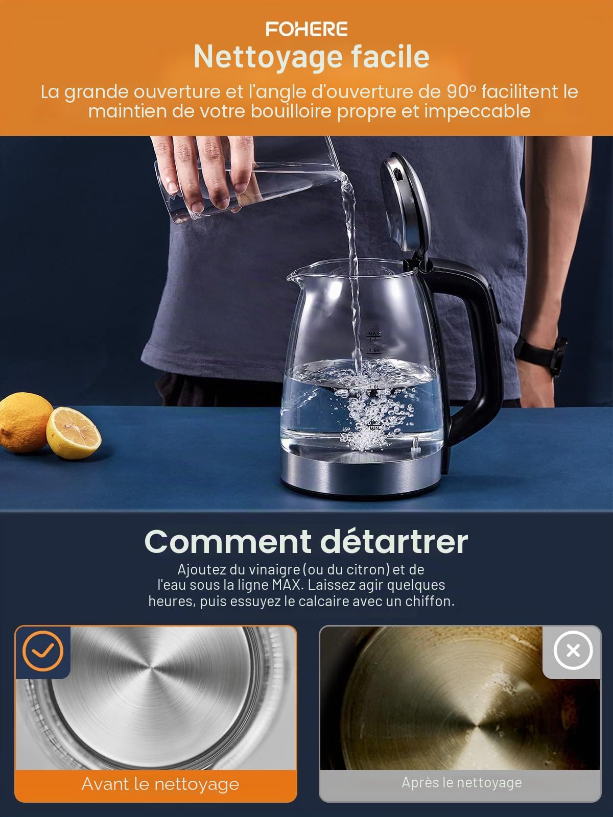 Bouilloire Électrique en Verre 1.7 L, FOHERE Thermostat Réglable 50-100°C, Fonction Maintien au Chaud, 5 Couleurs de LED, 2200W