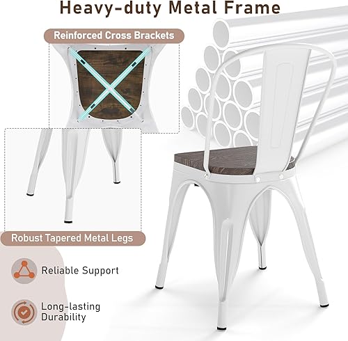 Miniatura 4 de COSTWAY Tolix - Sillas de comedor estilo industrial, apilables, de metal, con asiento de madera, juego de 4 (color blanco y marrón) Blanco y