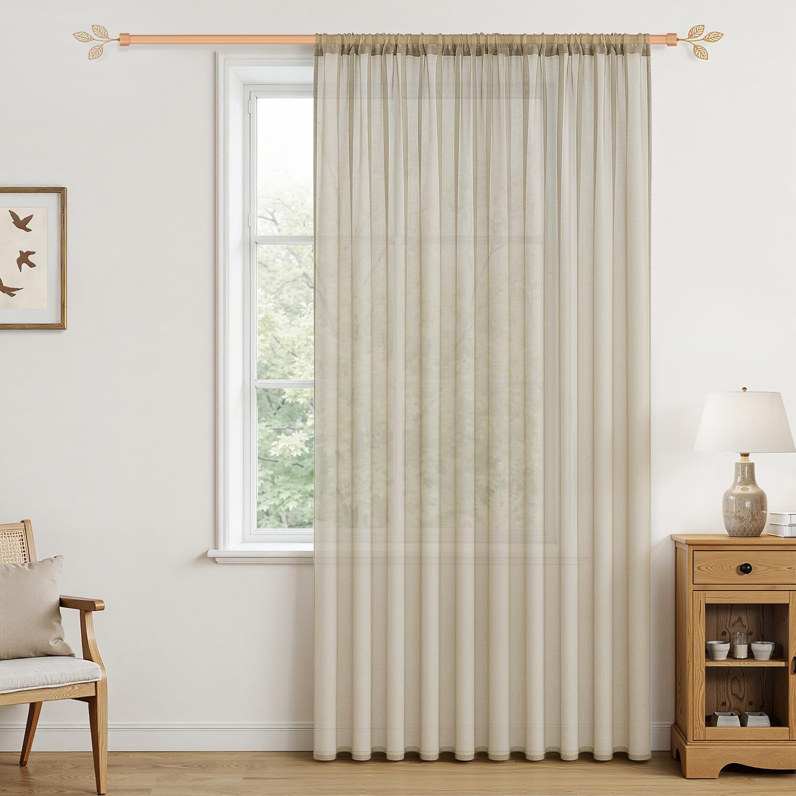MRTREES Curtain for Children's Room, Transparent, Set of 1, 245 cm High, 300 cm Wide, Beige Curtains with Rod Pocket, Voile Curtain, Simple Window, Bedroom, Semi-Transparent โ image 1