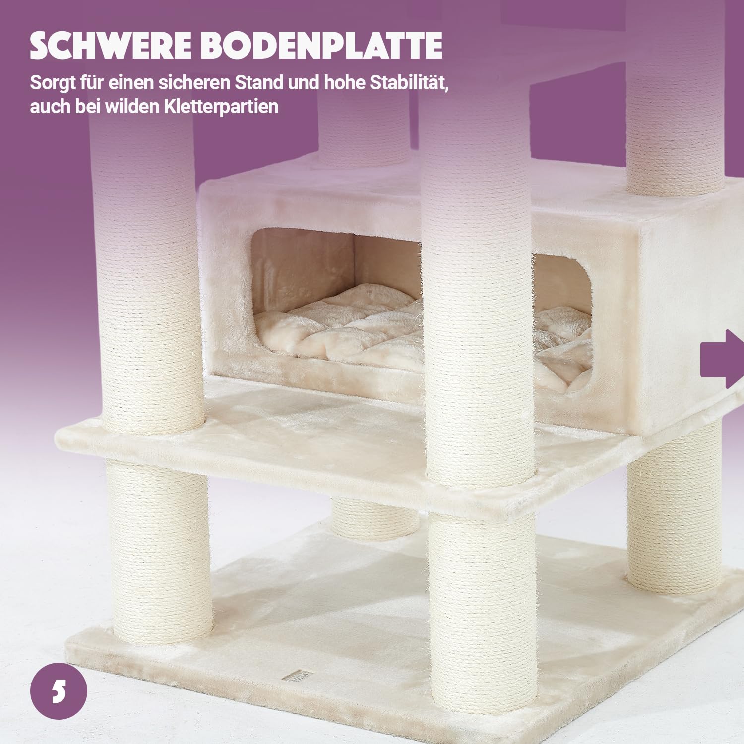 Petrebels Arbre à Chat Geant XXL Turnpike 190 Beige/Crème, 76 x 76 x 190 cm, avec poteaux de 15 cm de diamètre, Arbre à Chat pour Grands Chats