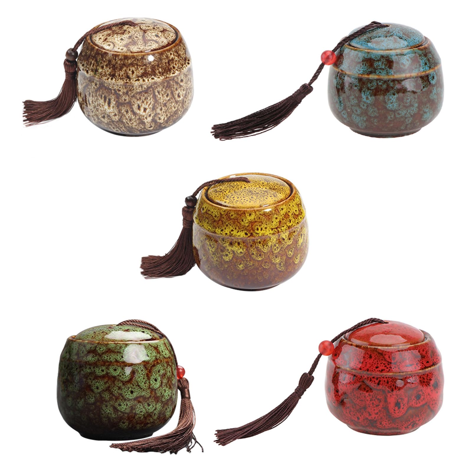 Tarro de Cerámica para Té 5 Piezas Tapa y Cierre Hermético | Latas Redondas para Hojas, Uso Doméstico y Sobremesa, Formato Mini, Multiuso para Guardar Otros Artículos Color Aleatorio