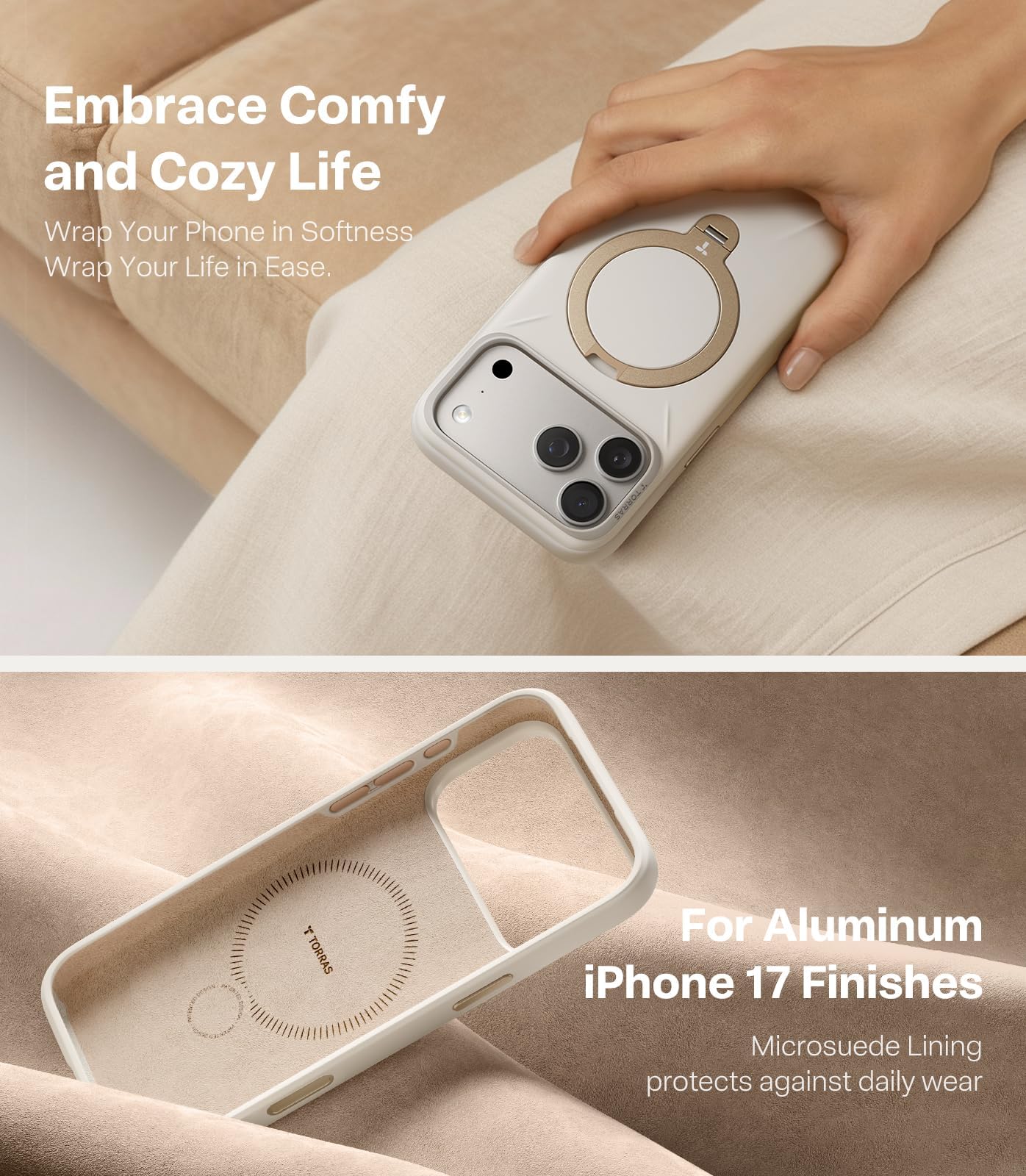 TORRAS Ostand Q3 - Carcasa de silicona para iPhone 17 Pro con soporte de 360°, color blanco | Funda protectora para iPhone 17 Pro (silicona líquida) con protección contra caídas y botones de cámara