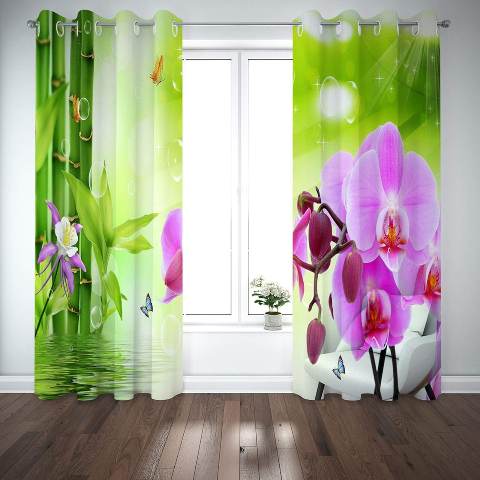 Vorhänge XXL Wells, Kräuselband Gardinen Vorhang Orchidee Babyzimmer Gardinen, Blickdichter Vorhang Lang (2PCS x H43 x B108)