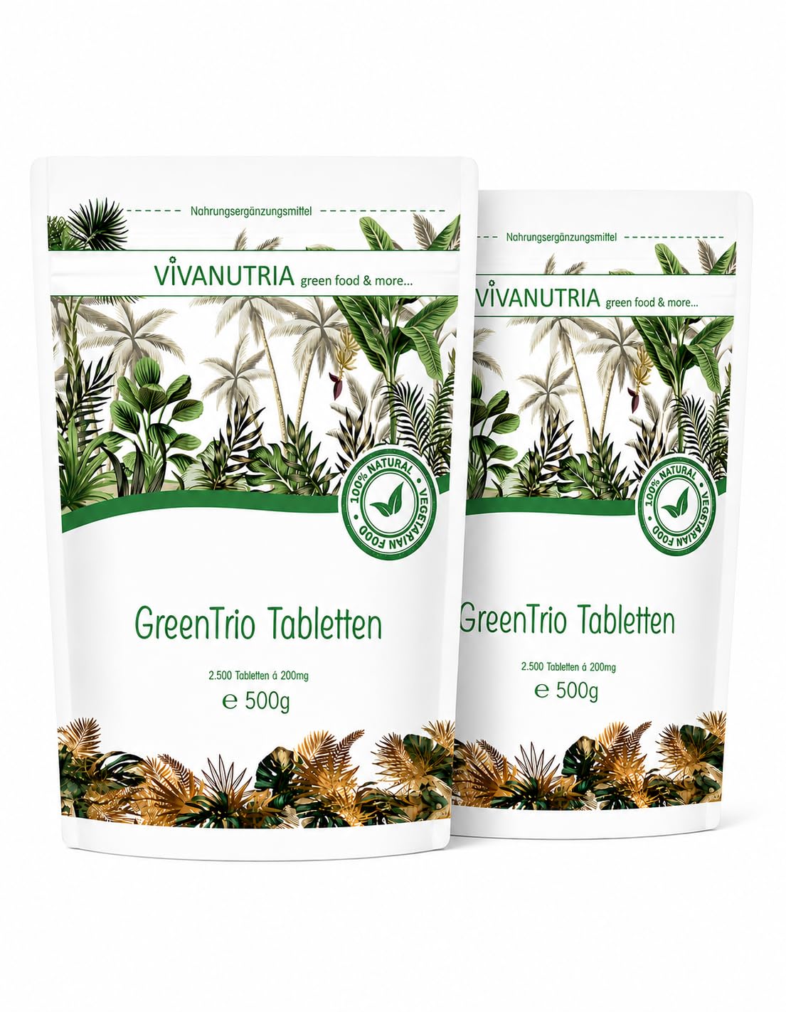 VivaNutria Green Trio Presslinge | 2500 Tabletten | Spirulina + Chlorella + Gerstengras | Reichweite 3 Monate I vegan | 500 g (Packung mit 2)