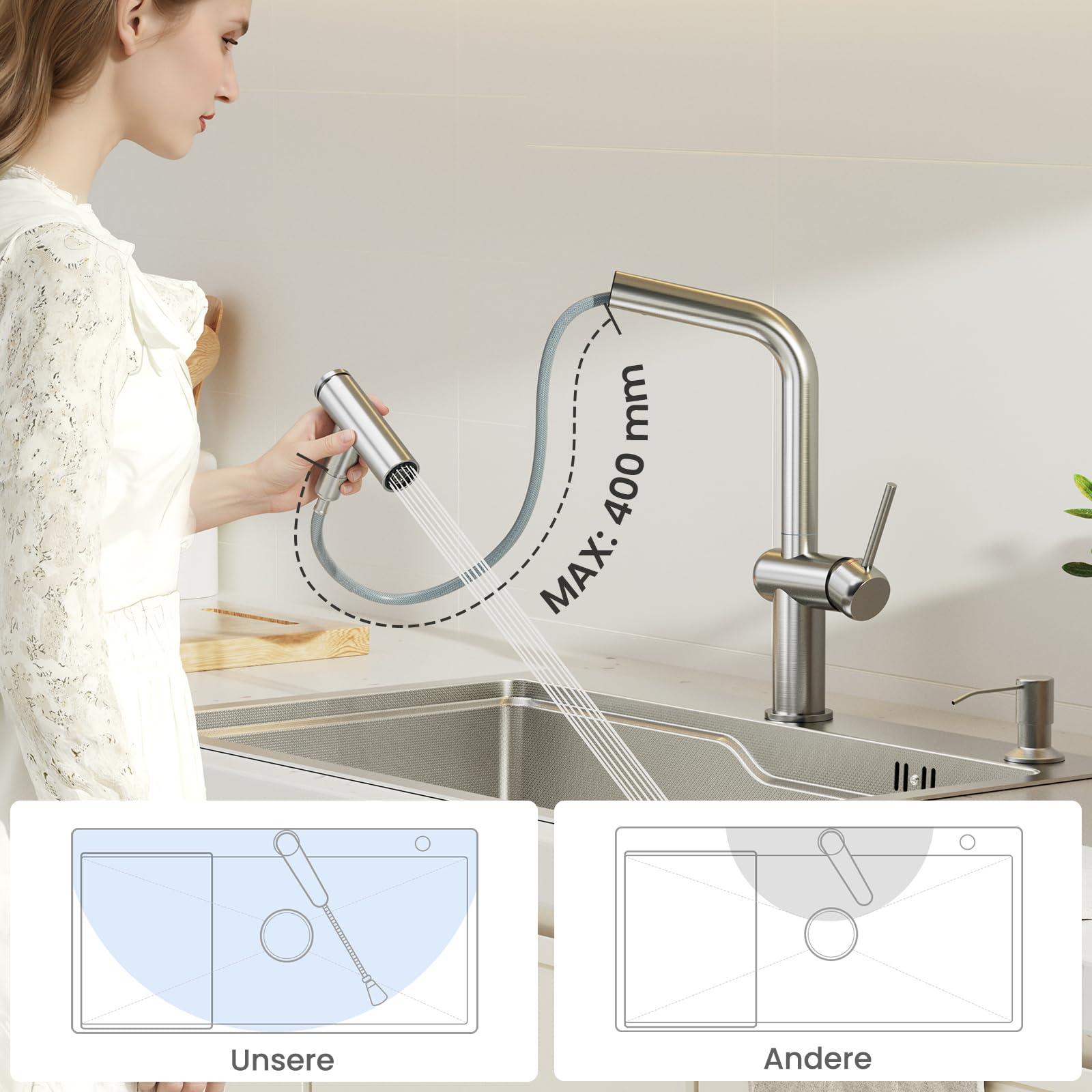 CECIPA Robinet Cuisine, 2 Modes, Mitigeur Cuisine Douchette, Rotatif à 360°