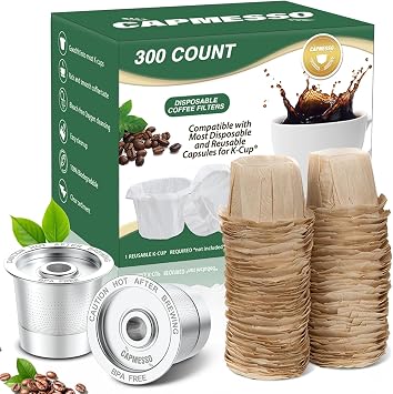 CAPMESSO Reusable K Cups Coffee Pods 2 Pack with 300 Count Natural K Cup Filters Disposable for Keurig 1.0 Machine, Eco-friendly, Newest Design