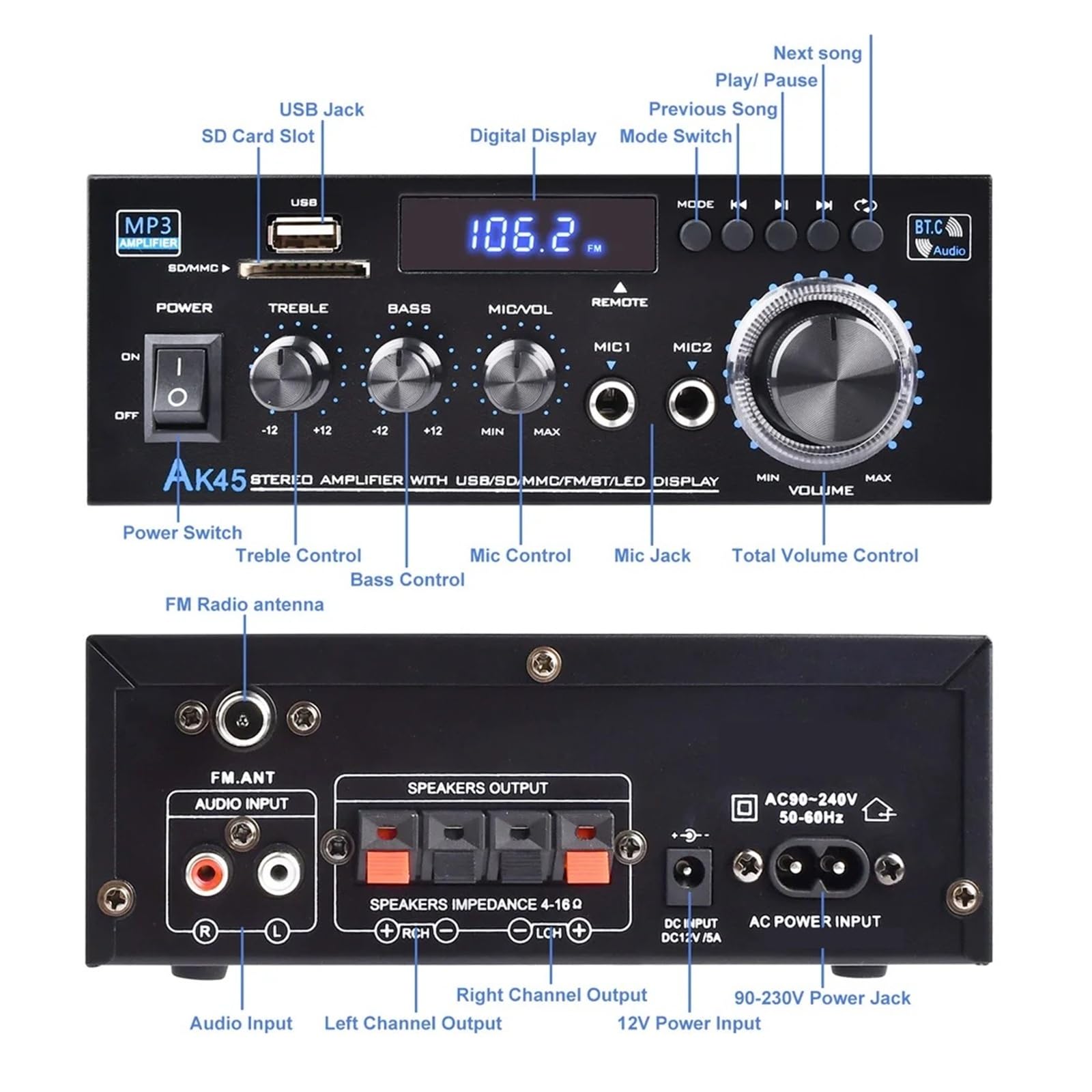 Wzmacniacz audio, Wzmacniacz mocy Bluetooth 5.0 300WX2 Wyjście maks. 800W Subwoofer Hi-Fi stereo do samodzielnego montażu