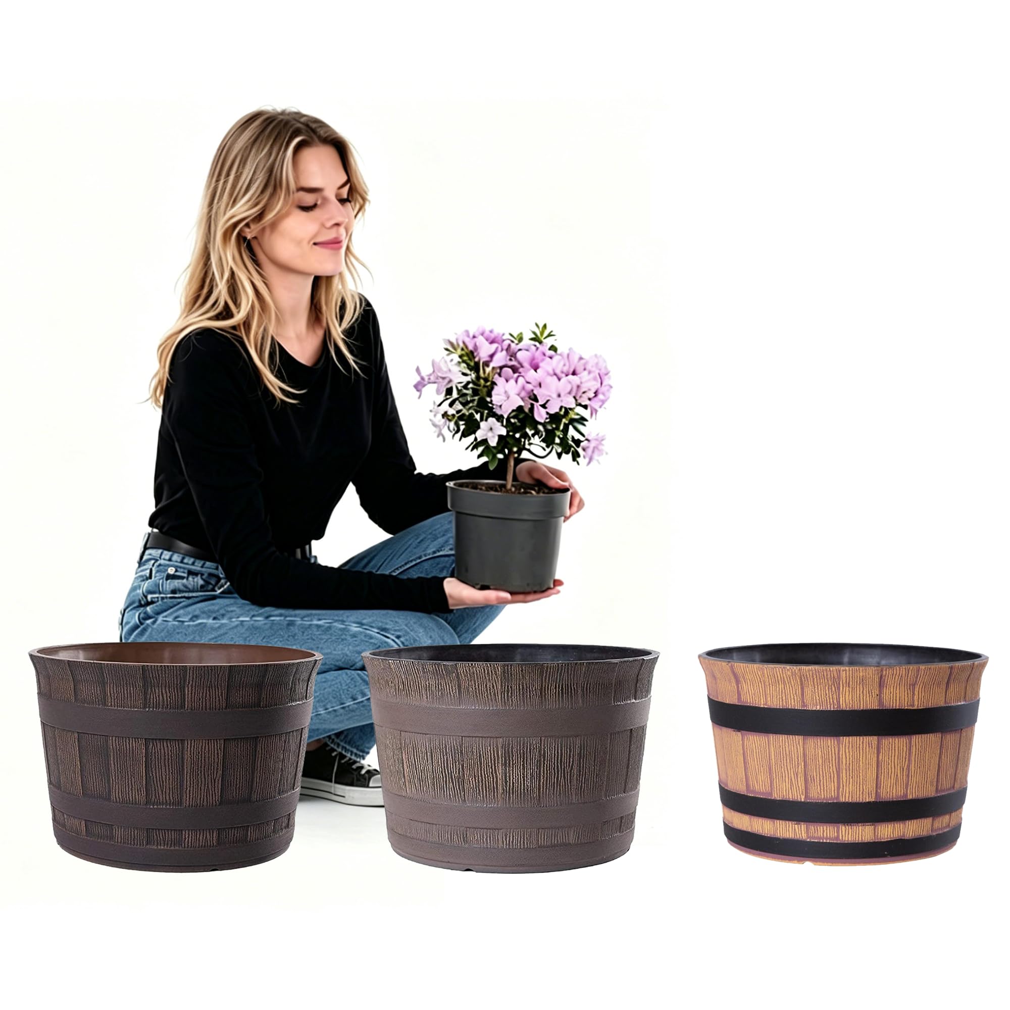 Pflanzkübel Barrique Holzoptik Ø36 cm – Kunststoff Blumenkübel im Barrique Fass Design – Ideal als Miniteich, Wasserspiel oder Übertopf – Wasserdicht und Frostbeständig