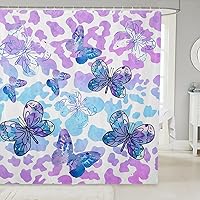Vista 1 de Manfei Cortinas de ducha de mariposa con estampado de leopardo morado, cortinas de baño impermeables con 12 ganchos para bañera, cortinas de baño