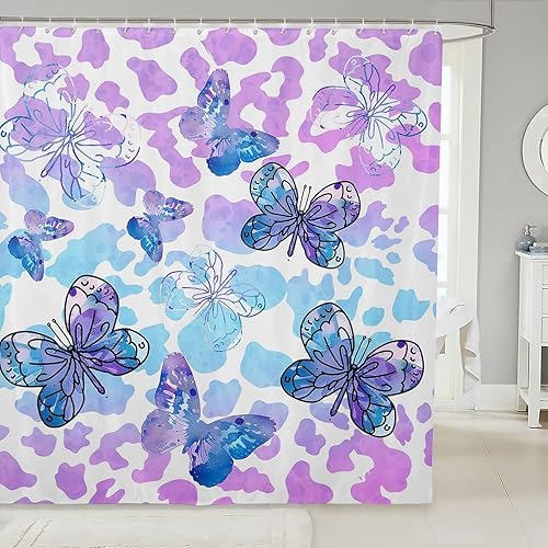 Manfei Cortinas de ducha de mariposa con estampado de leopardo morado, cortinas de baño impermeables con 12 ganchos para bañera, cortinas de baño