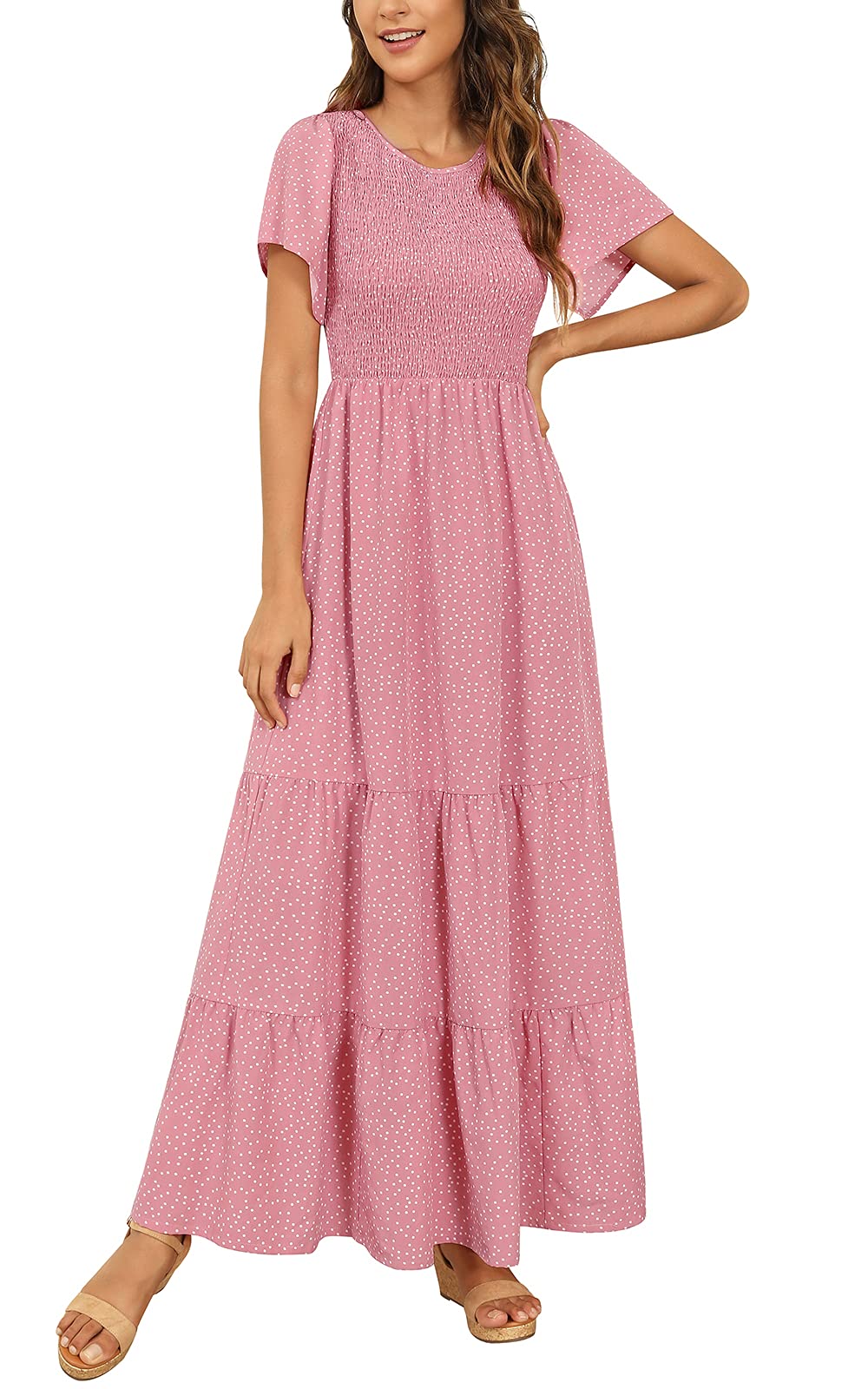 Kranda Women 2025 Summer Fall Crewneck Short Sleeve Smocked Floral Maxi Dress