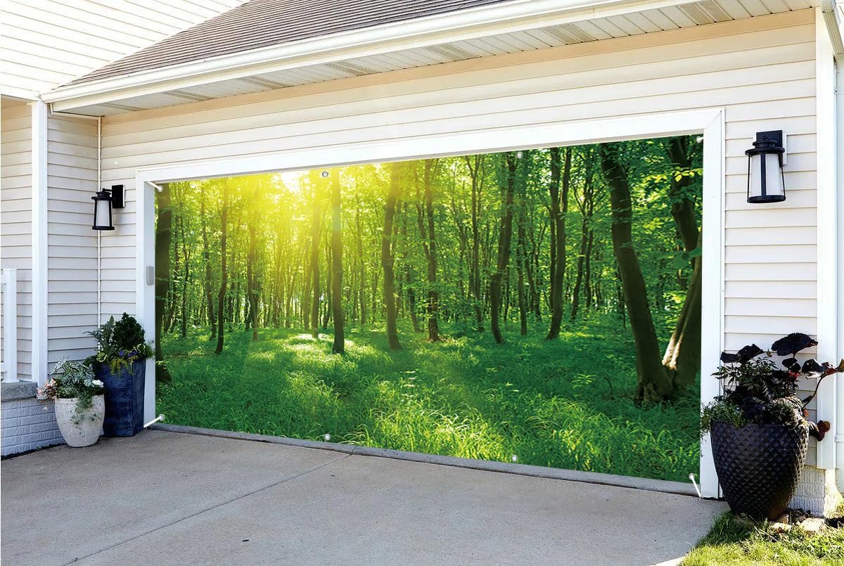 6x13ft Spring Garage Door Decor Silent Greens Forest Trees Lawn Golden Sunshine Natural Scenery Photography Background Hiking Wedding Birthday Party Decoration Banner
