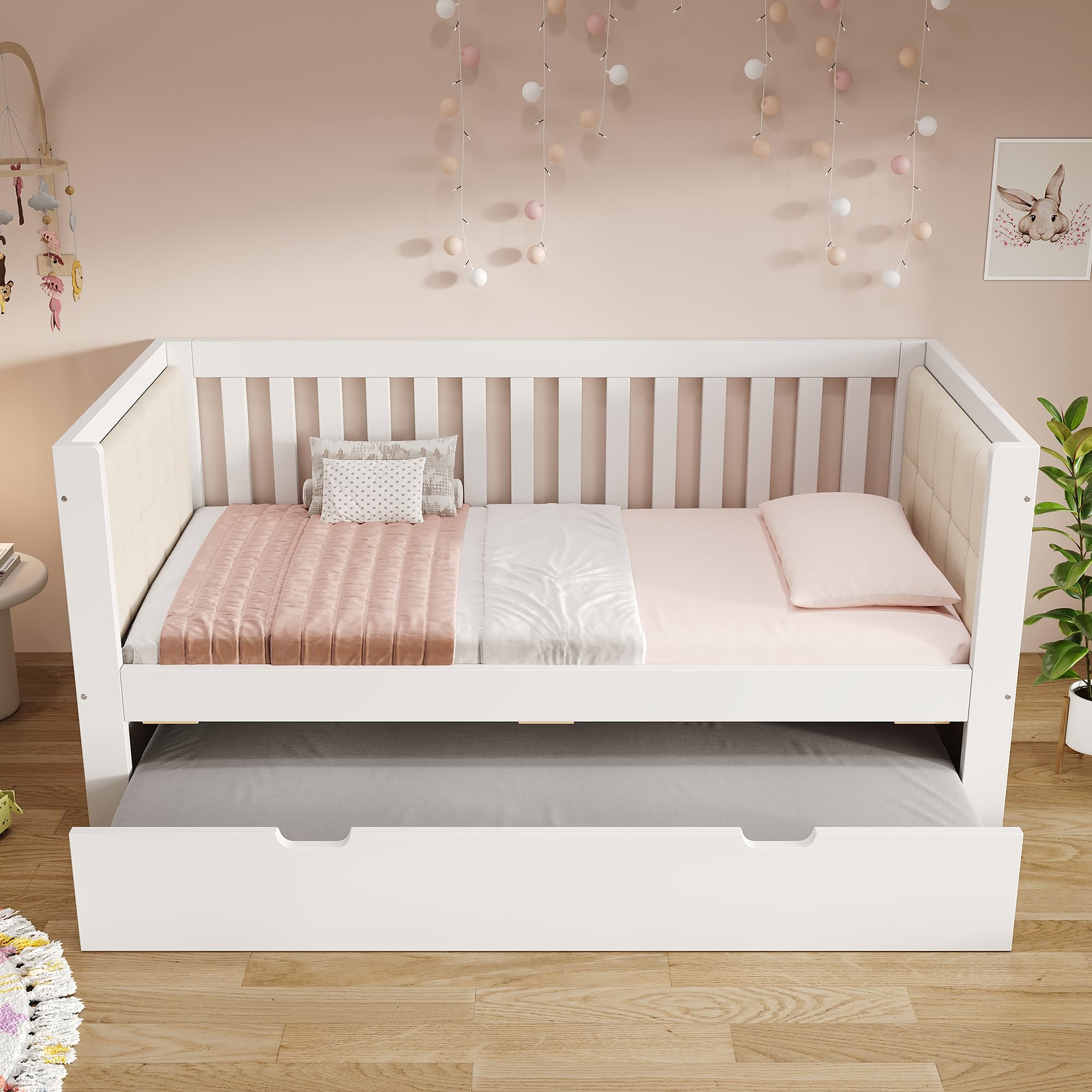 Soweiz Sofá cama blanco, madera, con reposabrazos redondeados, respaldo cómodo, perfecto para apartamentos pequeños, fácil montaje, sin colchón (90 x 200 cm con cama nido)