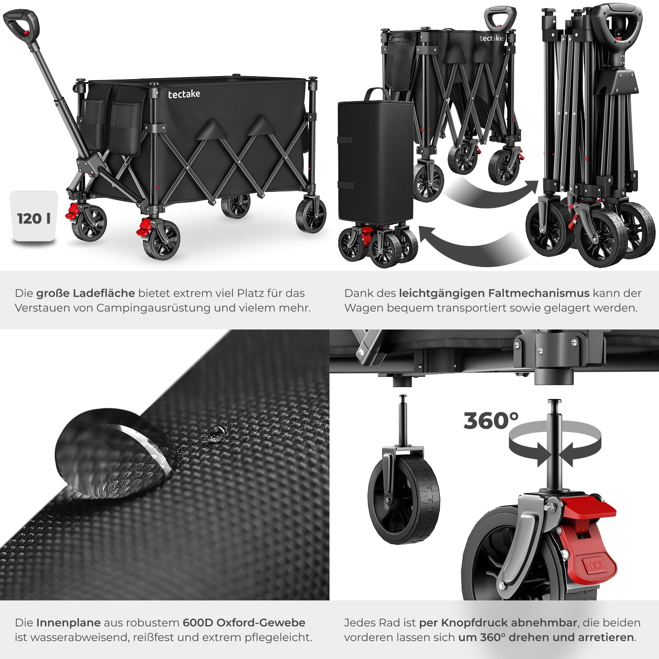 tectake® Bollerwagen faltbar, Transportwagen klappbar, Transporter mit Teleskopgriff und Rückholmechanismus, Profil Kunststoffräder mit Bremse, mit Plane und Einlegebogen, Belastbarkeit 80 kg - 120 L