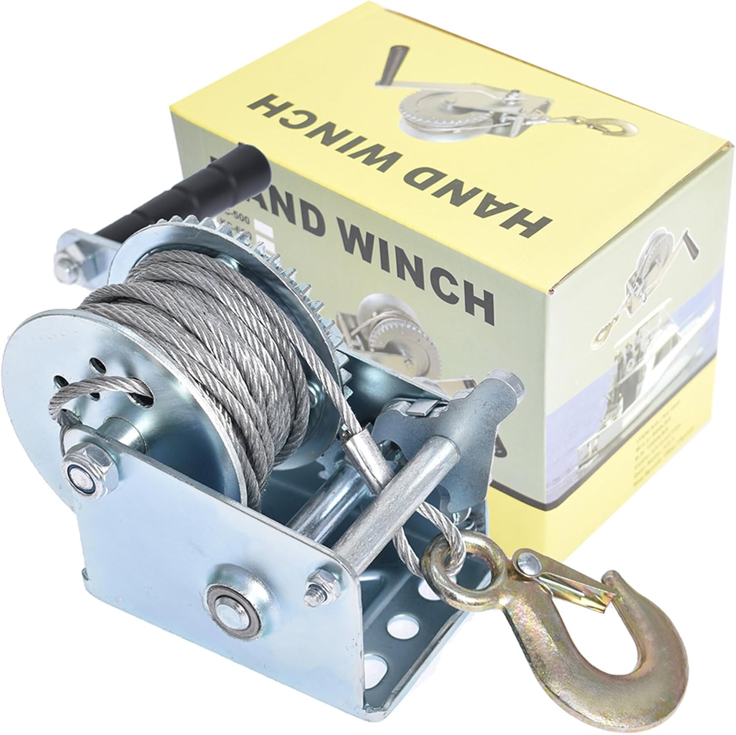 Heavy Duty Hand Winch 600LBS Hand Crank Strap Gear with 8M Wire Rope Ratchet ATV Boat Trailer Marine