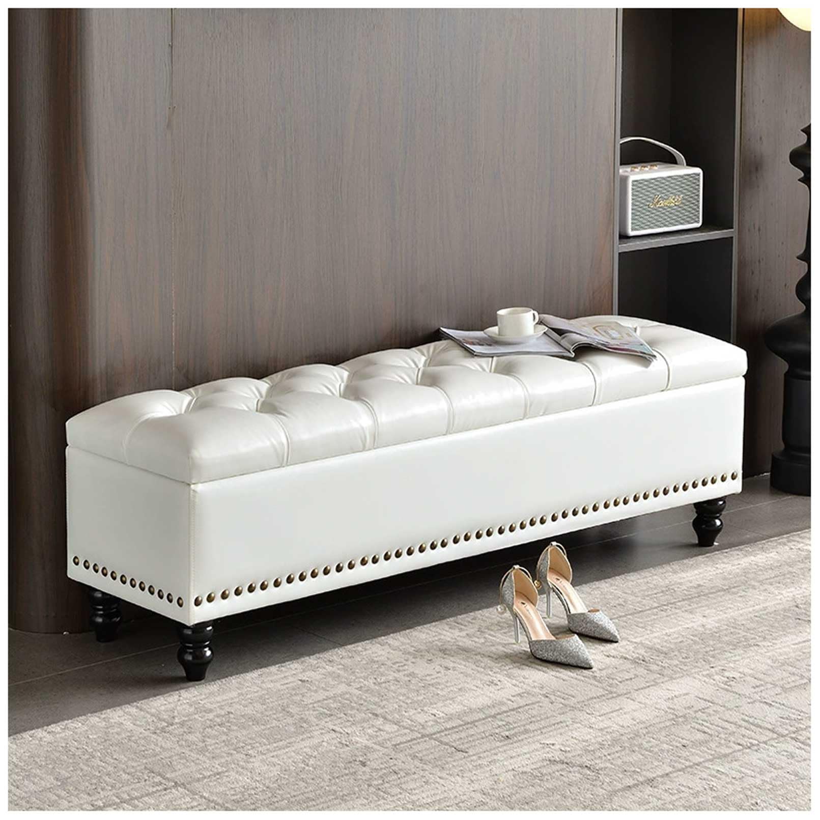 MSHGSKU White Storage Bench for Bedroom 330kg Capacity Wooden Frame Ottoman Footrest Shoe Rack 3.47x15.7x16.9in Multifunctional Pouf for Living Room & Entryway