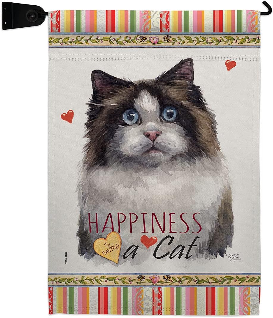 Breeze Decor Mitted Ragdoll Happiness Garden Flag Set Wall Holder Animals Cat Kitten Meow Spoiled Paw Fur Pet Nature Farm Animal Creature Small Decorative Gift Yard House Banner Made in USA 13 X 18.5