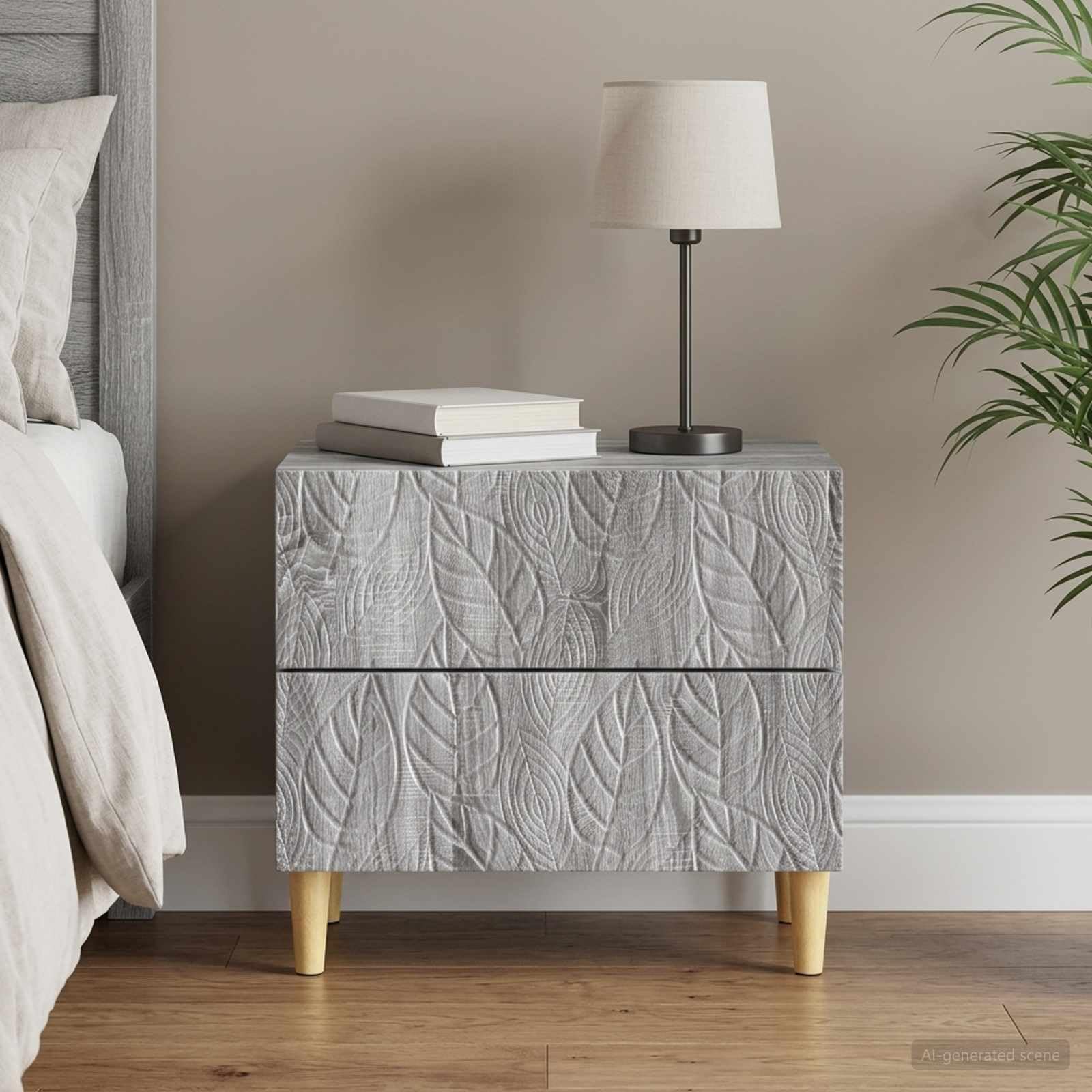 Stolik nocny Sonoma z materiału drewnopochodnego z 2 szufladami, 62 x 34,5 x 48 cm, nogi eukaliptusowe, zajmujący niewiele miejsca stolik pomocniczy do sypialni, salonu i korytarza z