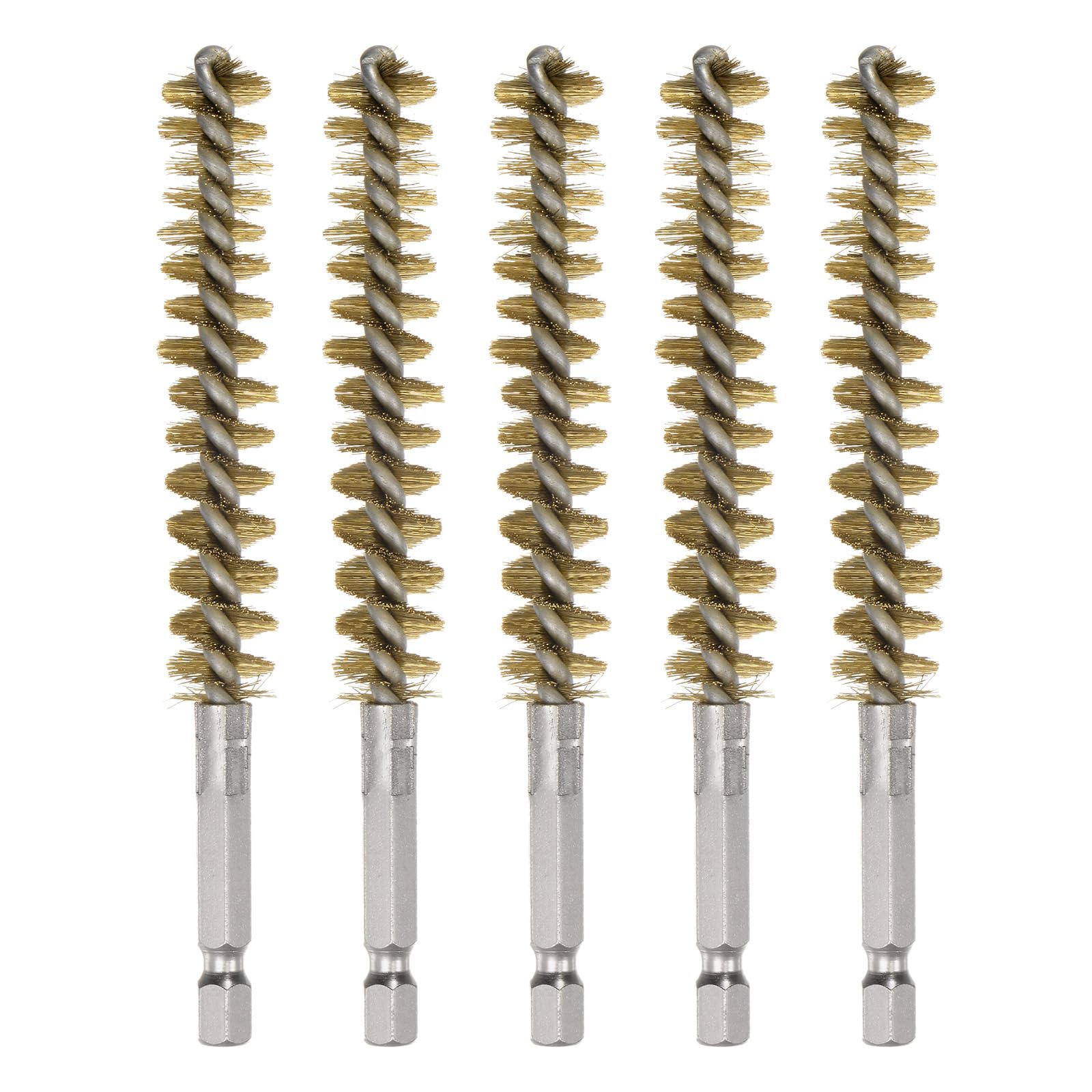 sourcing map 5Pcs Bore Brush Brass 12mm Dia Cleaning Twisted Bronze Wire Brush Tube Pipe Cleaner with Handle 1/4 Inch Hex Shank for Tubes, Ports, Bearings