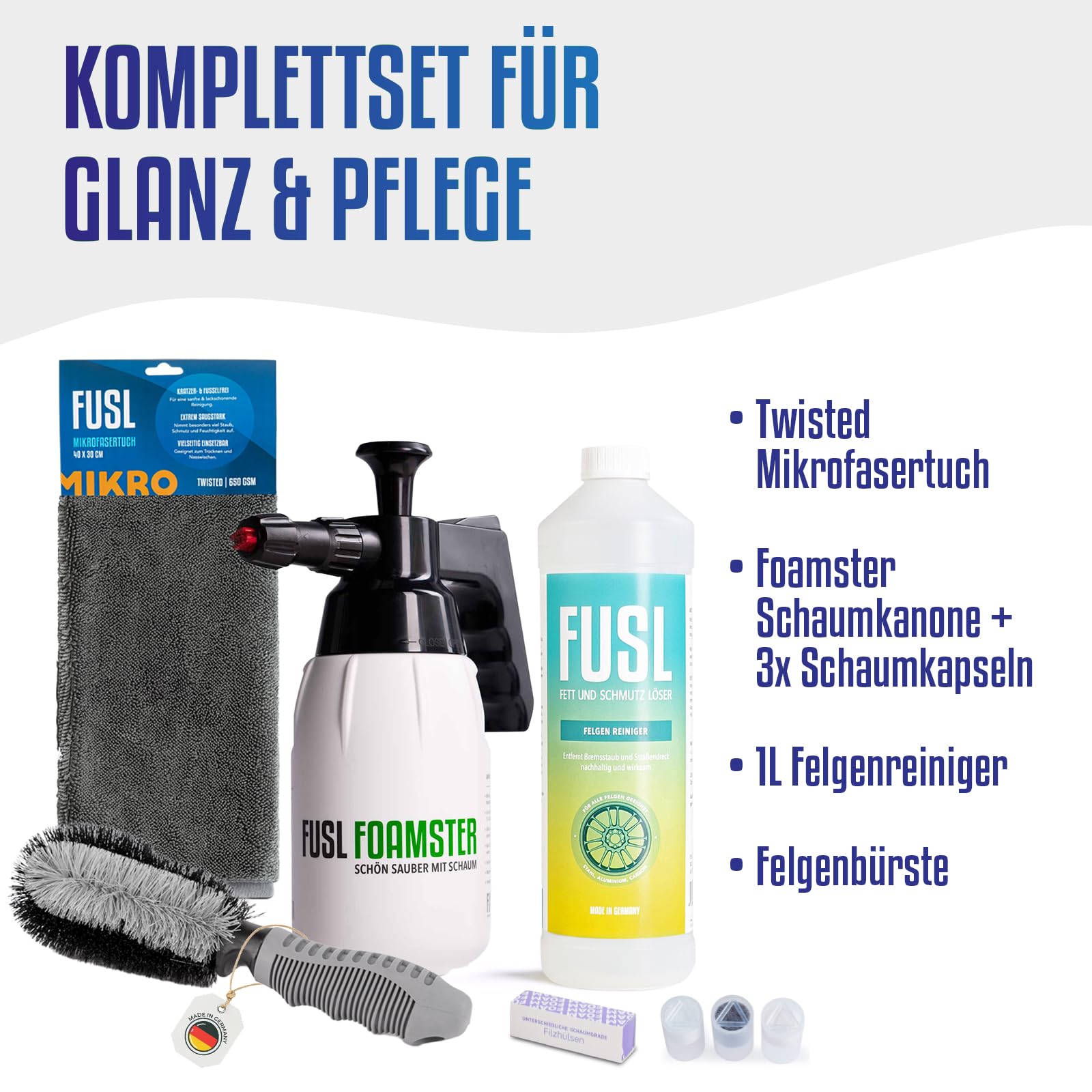 Felgenreiniger Set – Schaumkanone + 1L Felgenreiniger + Felgenbürste + Mikrofasertuch | Sanfte & effektive Felgenreinigung ohne aggressive Chemie | Für Auto, Motorrad & LKW