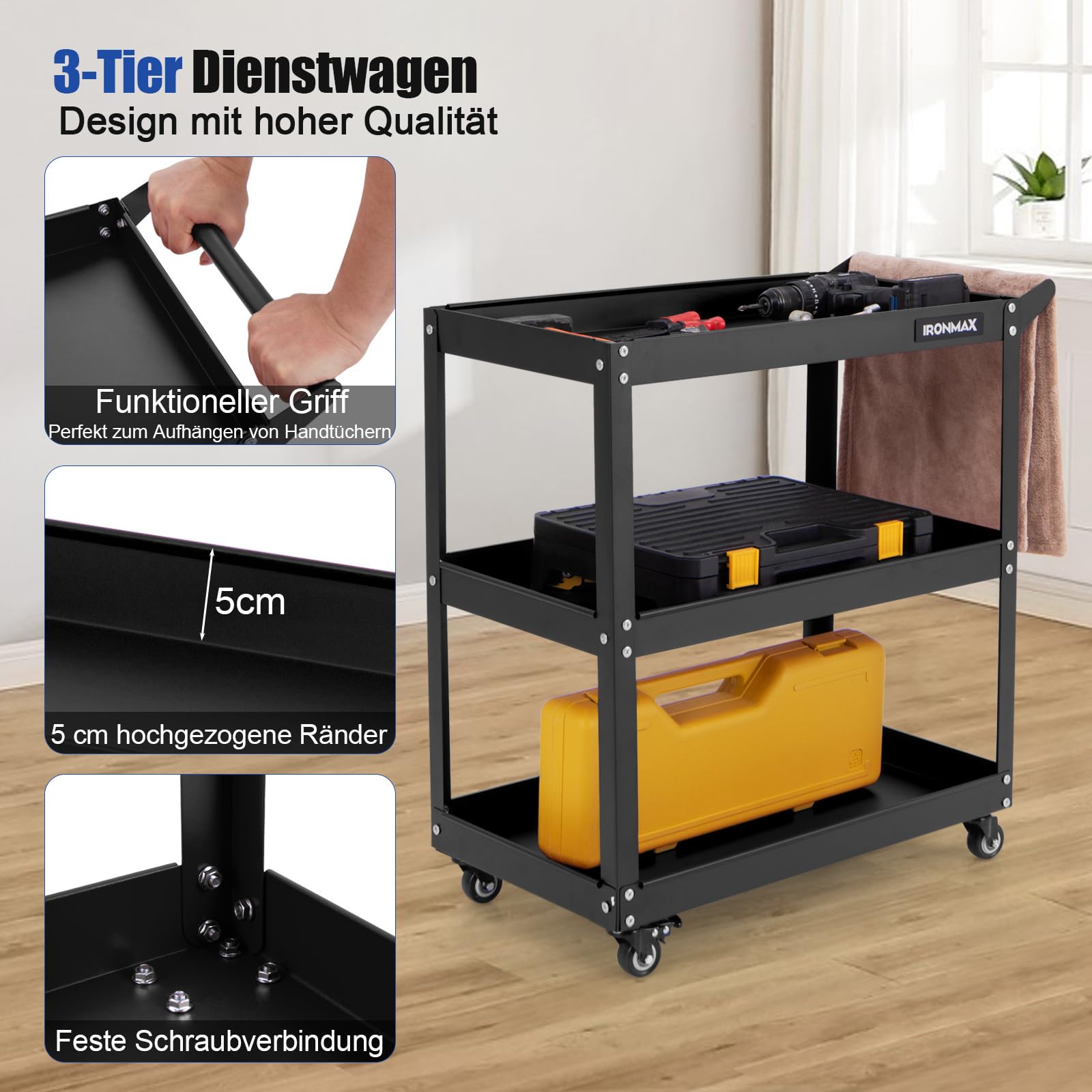 COSTWAY Werkstatt-Rollwagen 3 Etagen, Werkstattwagen mit 4 Universalrädern & Griff, Werkzeugwagen aus Metall, Montagewagen Rollwagen 120kg Belastbar für Garage Zuhause Lager, 73 x 36 x 75cm (Schwarz)