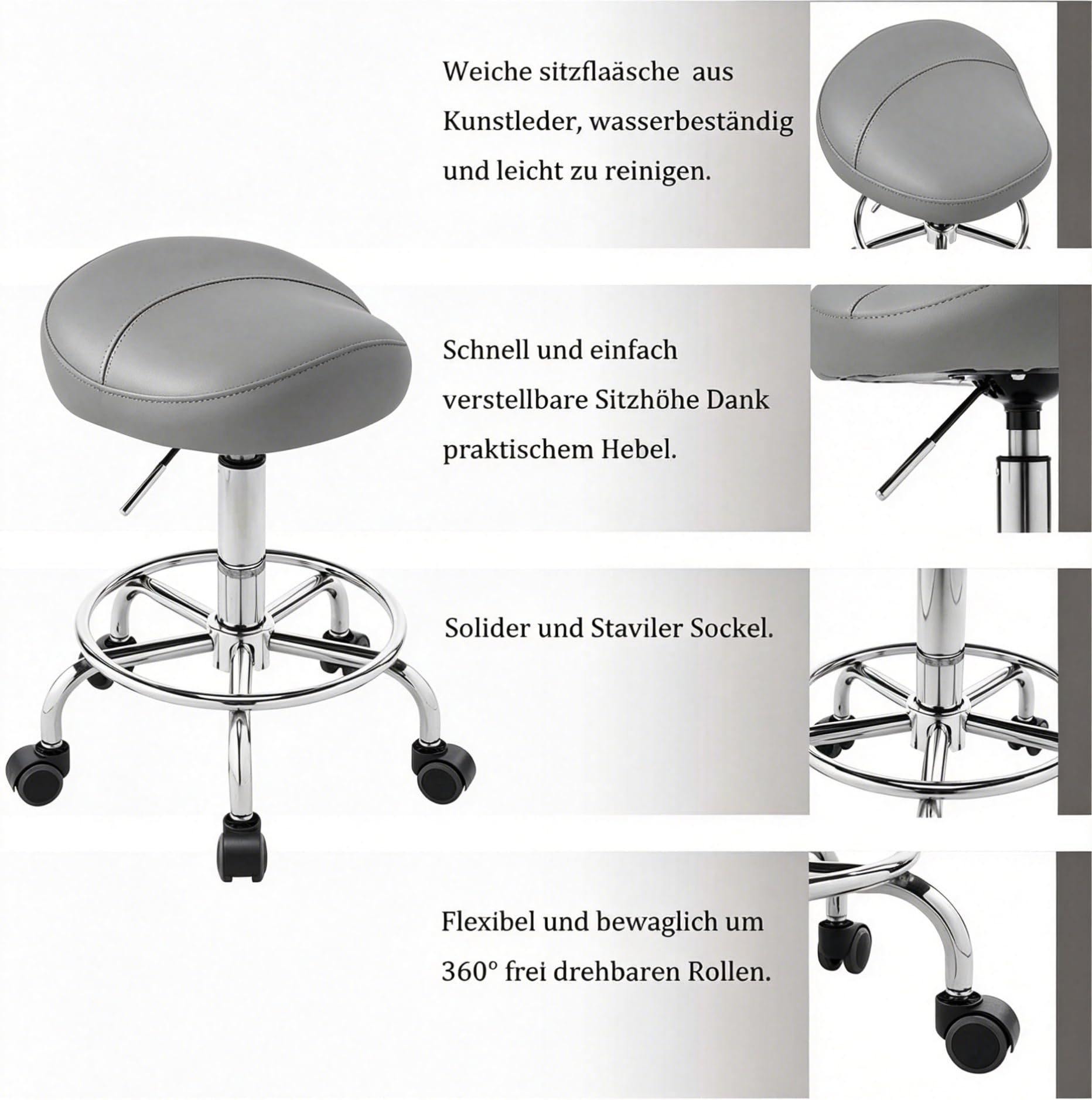 Balama Sattelhocker höhenverstellbar 50-70 cm mit Rollen, bis 150kg, ergonomischer Rollhocker, 360° drehbar, Robustes Kunstleder mit dickem Sitzpolster, zertifizierte Gasdruckfeder, Grau