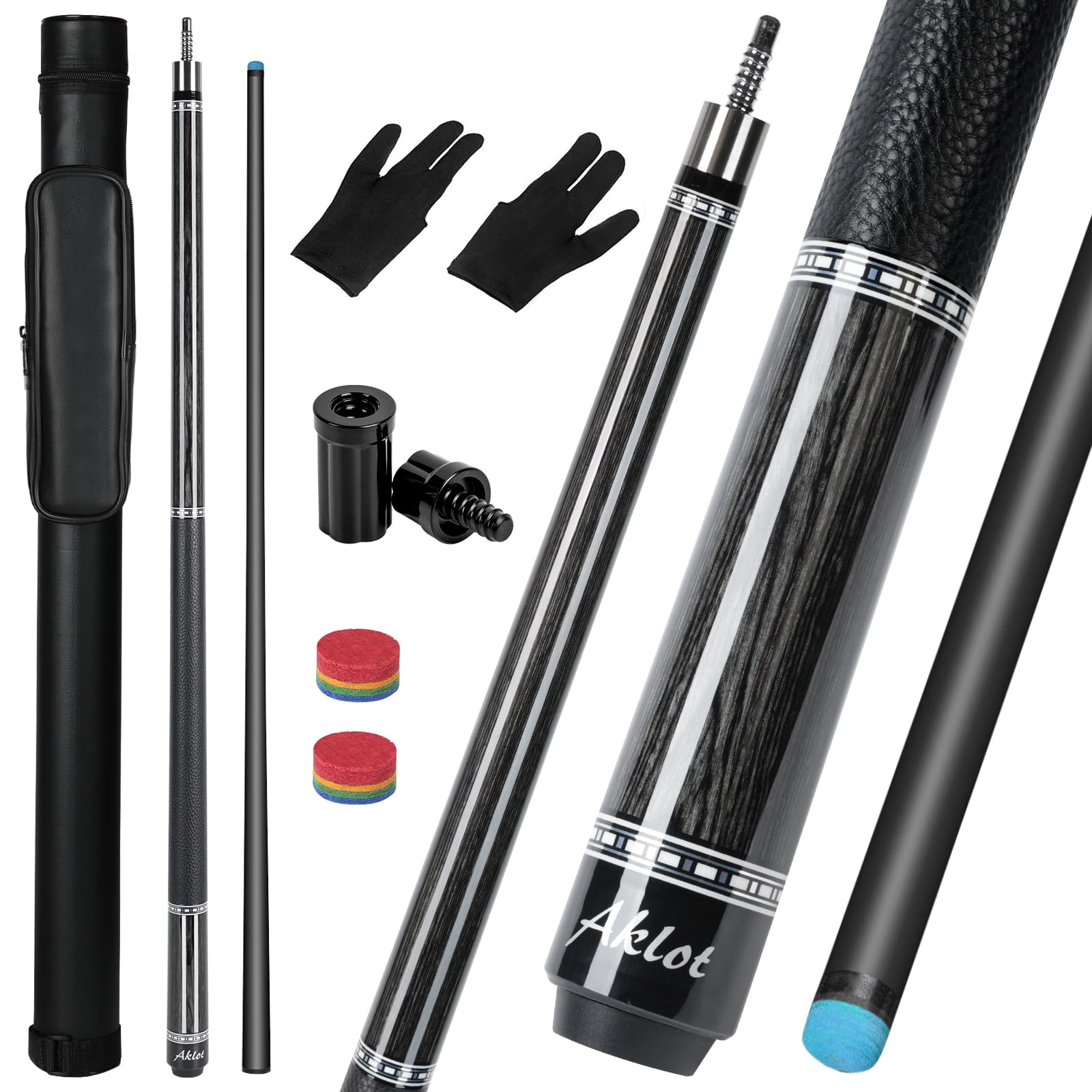 Aklot Carbon Fiber Pool Cue Stick, 58”, 19oz, Low Deflection Pro Billiard Stick, 12.5mm Tip, Maple Butt & Buffalo Leather Grip Weight Adjustment, Pool Cue Kit with Case,Gloves,Tips (Stellar Titanium)