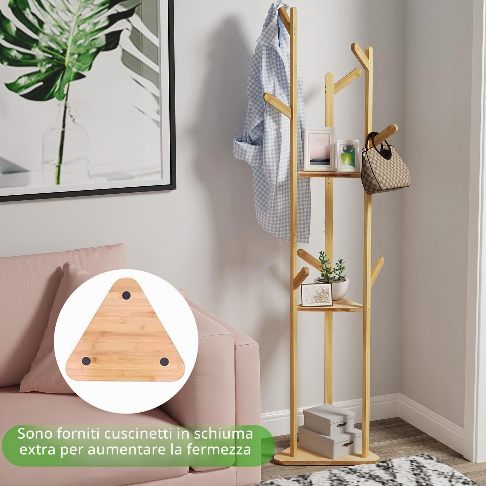 Appendiabiti da Terra ingresso Legno Bambù Attaccapanni Servomuto da camera | Appendiabiti Autoportante Design Moderno Salvaspazio con 3 Ripiani 9 Ganci