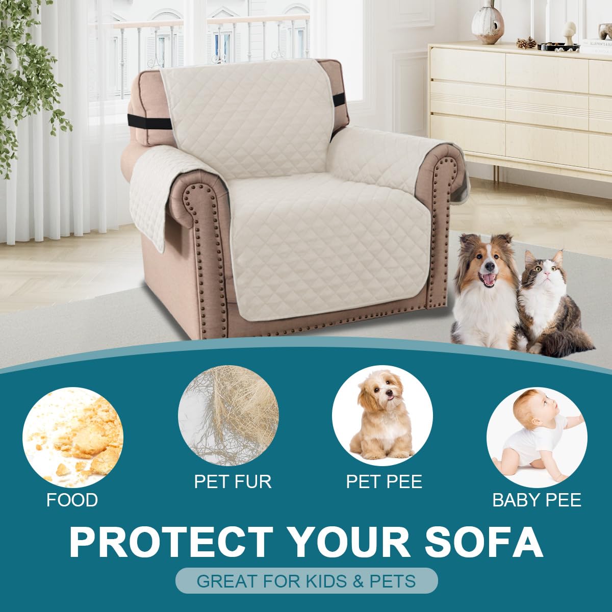 BellaHills Sofa Cover Reversible Armchair Covers Water Repellent Sofa Slipcover from Pets Couch Covers for Cats Checked Pattern Thick Quilted with Elastic Strap (Chair - Image 3
